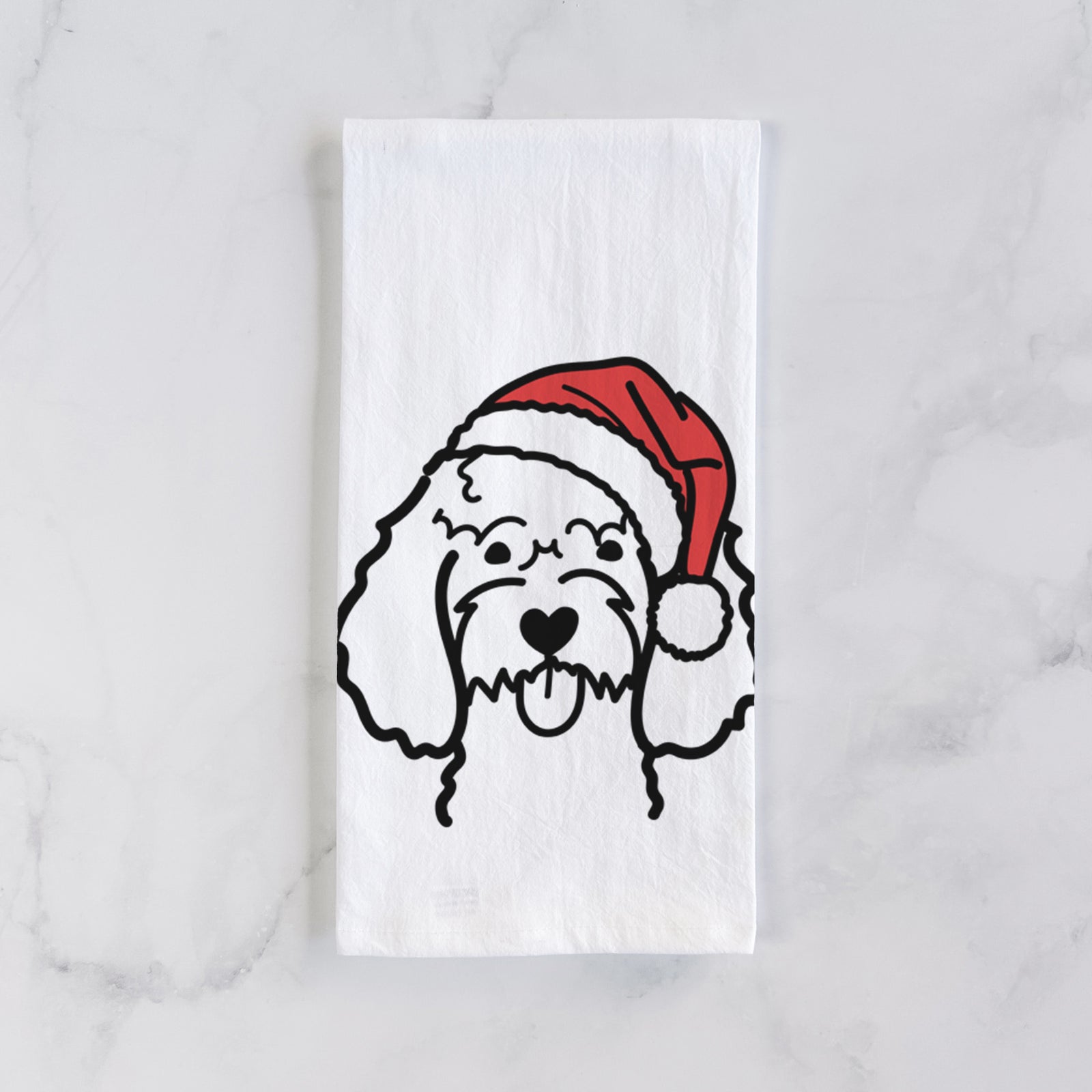 Minimalist line drawing of a Cockapoo wearing a Santa hat on a tea towel