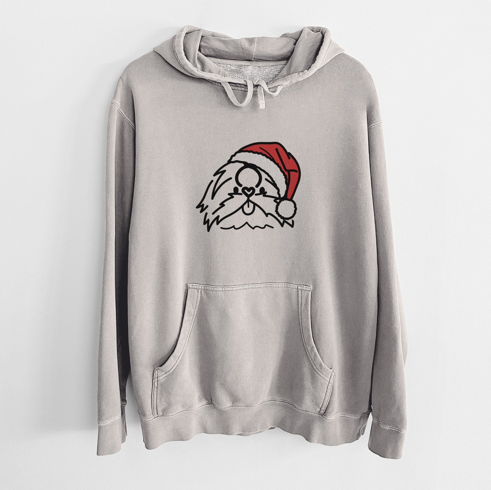 Minimalist line drawing of CoCo the Shih Tzu wearing a Santa hat on a Cement Unisex pigment dyed hoodie