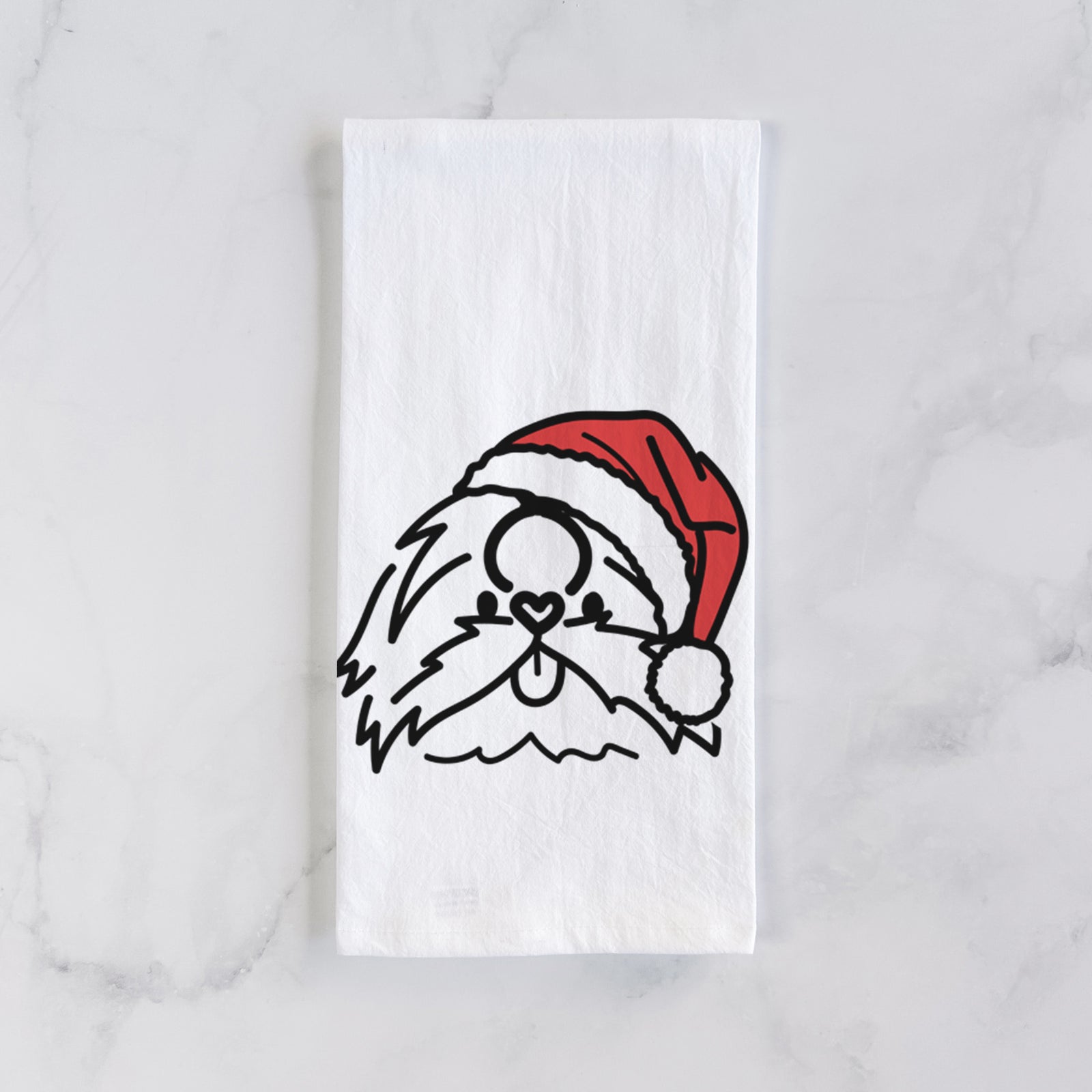 Minimalist line drawing of CoCo the Shih Tzu wearing a Santa hat on a tea towel
