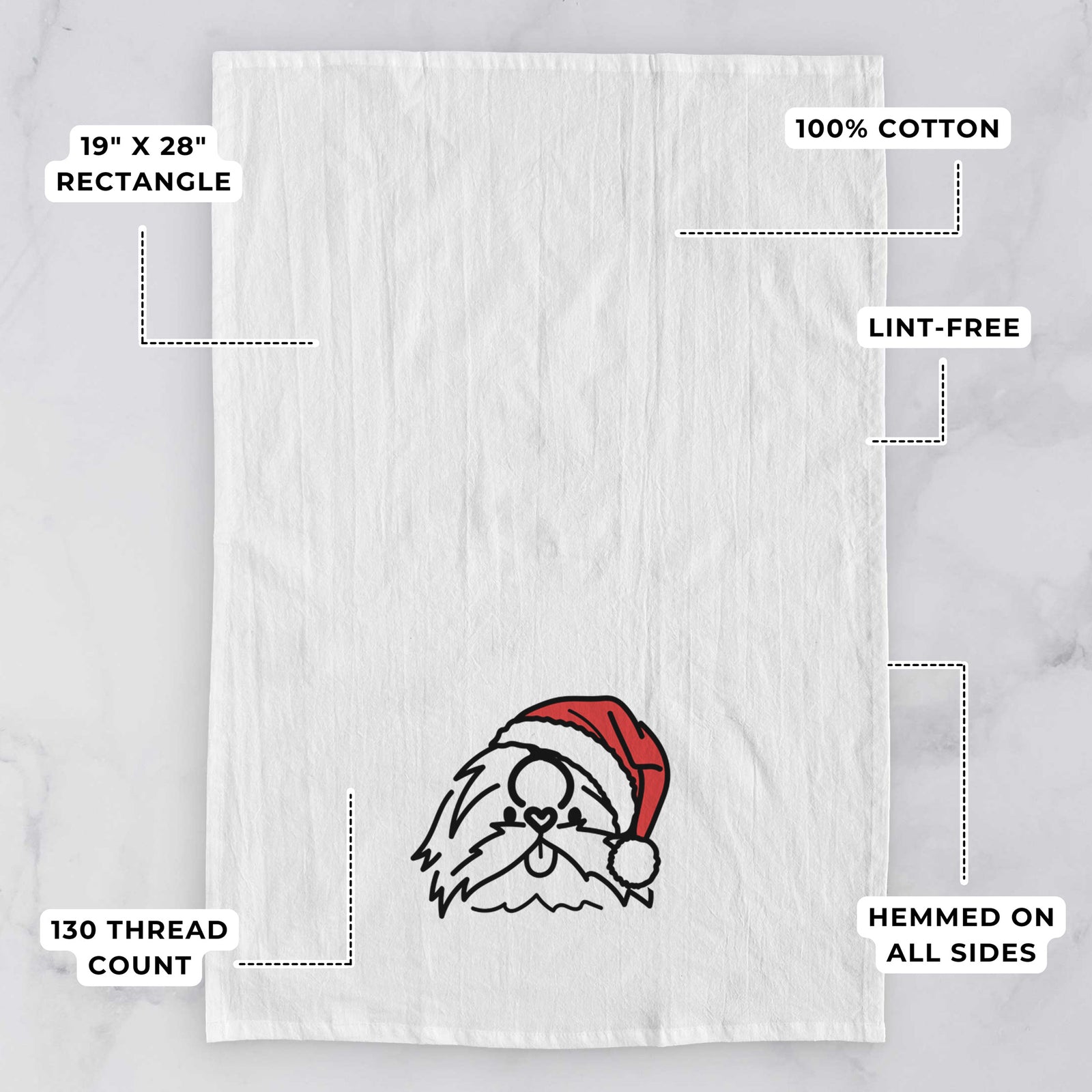 Minimalist line drawing of CoCo the Shih Tzu wearing a Santa hat on a tea towel, with feature callouts: 19 x 28 inch rectangle, 100% cotton, lint-free, 120 thread count, hemmed on all sides