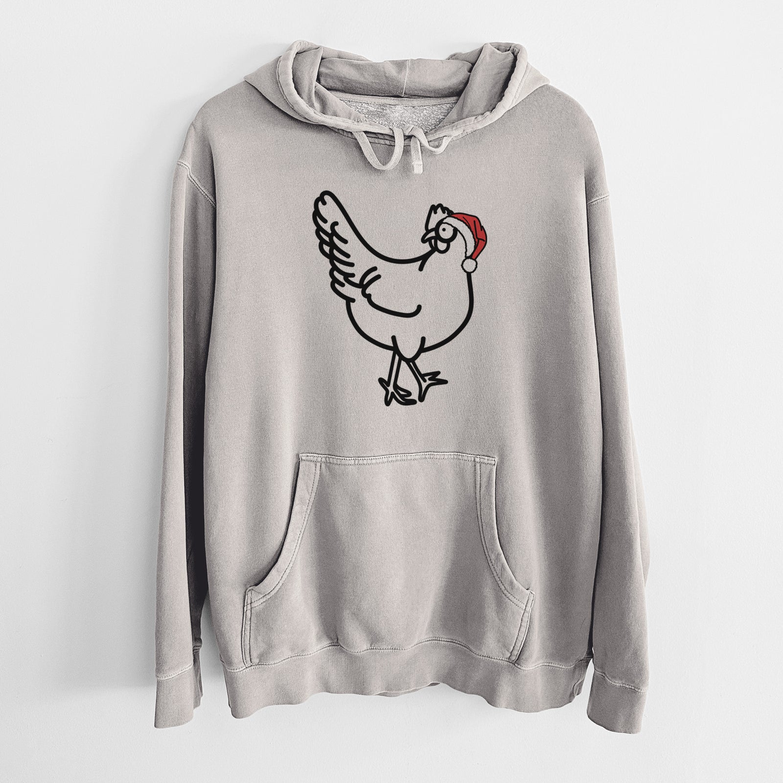 Minimalist line drawing of Daisy the Chicken wearing a Santa hat on a Cement Unisex pigment dyed hoodie