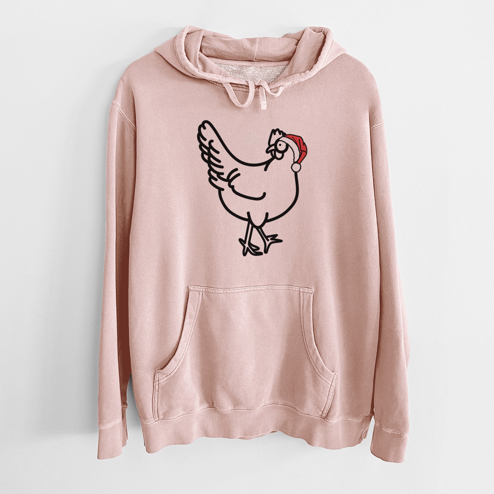 Minimalist line drawing of Daisy the Chicken wearing a Santa hat on a Dusty Pink Unisex pigment dyed hoodie