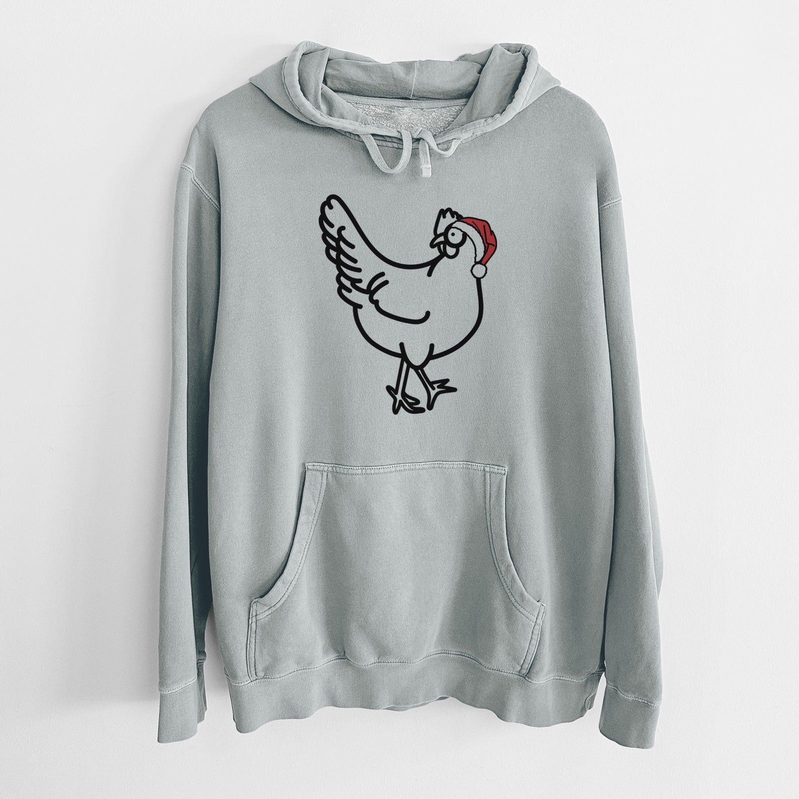 Minimalist line drawing of Daisy the Chicken wearing a Santa hat on a Sage Unisex pigment dyed hoodie