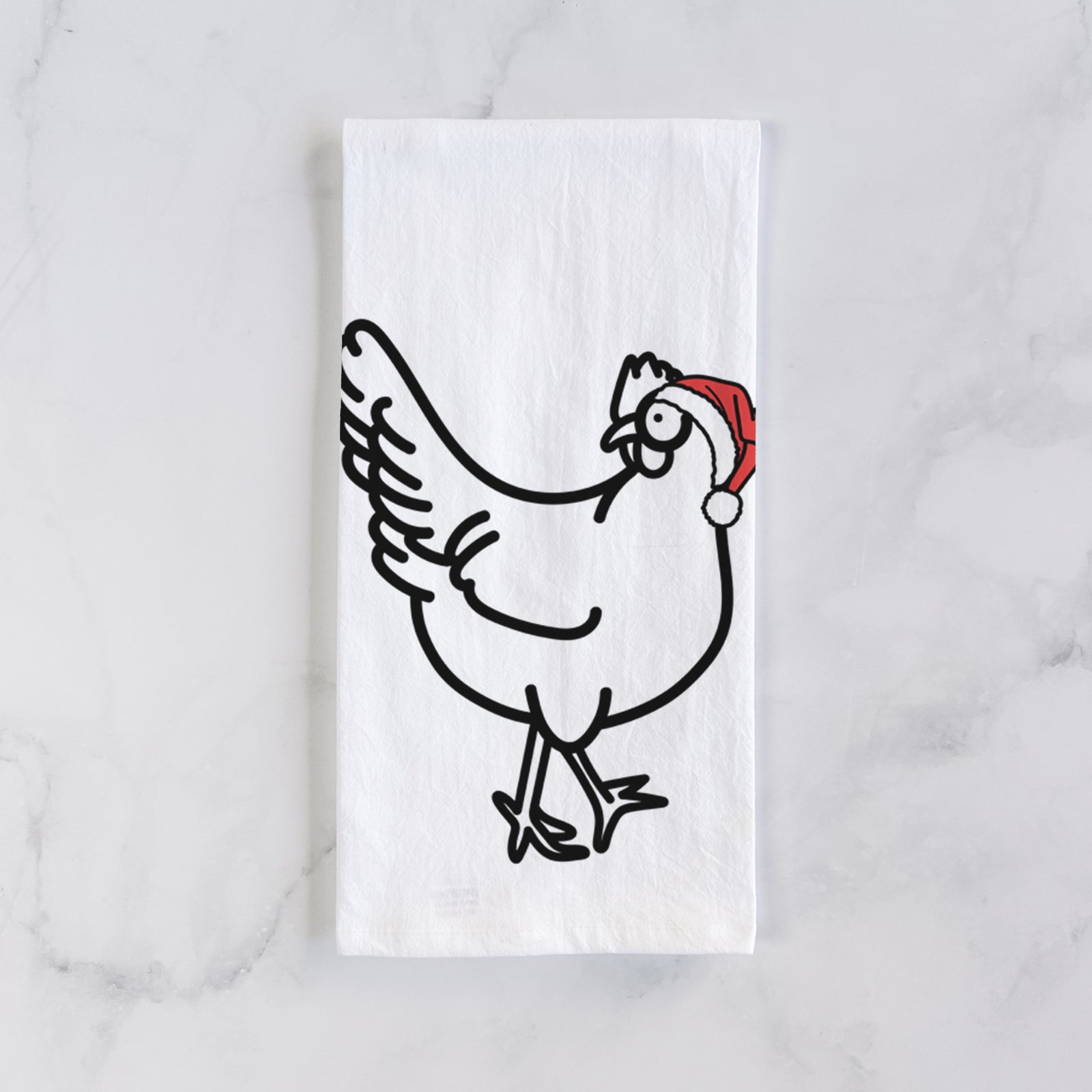Minimalist line drawing of Daisy the Chicken wearing a Santa hat on a tea towel