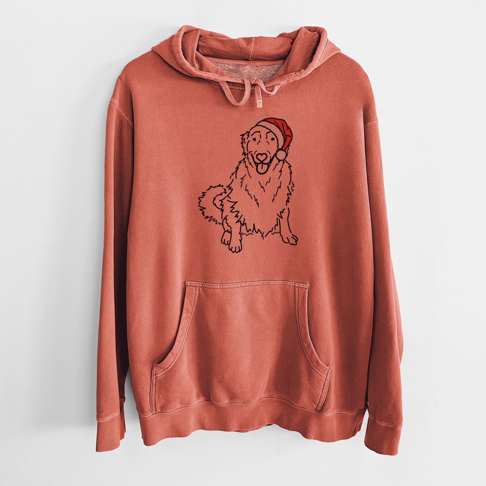 Minimalist line drawing of Daisy the Golden Retriever wearing a Santa hat on an Amber Unisex pigment dyed hoodie