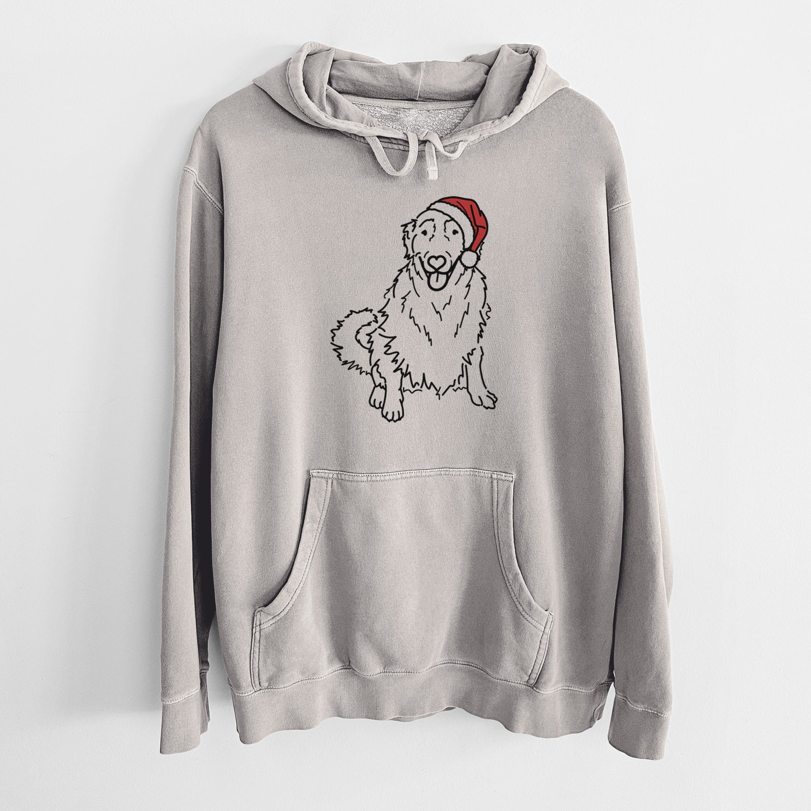 Minimalist line drawing of Daisy the Golden Retriever wearing a Santa hat on a Cement Unisex pigment dyed hoodie