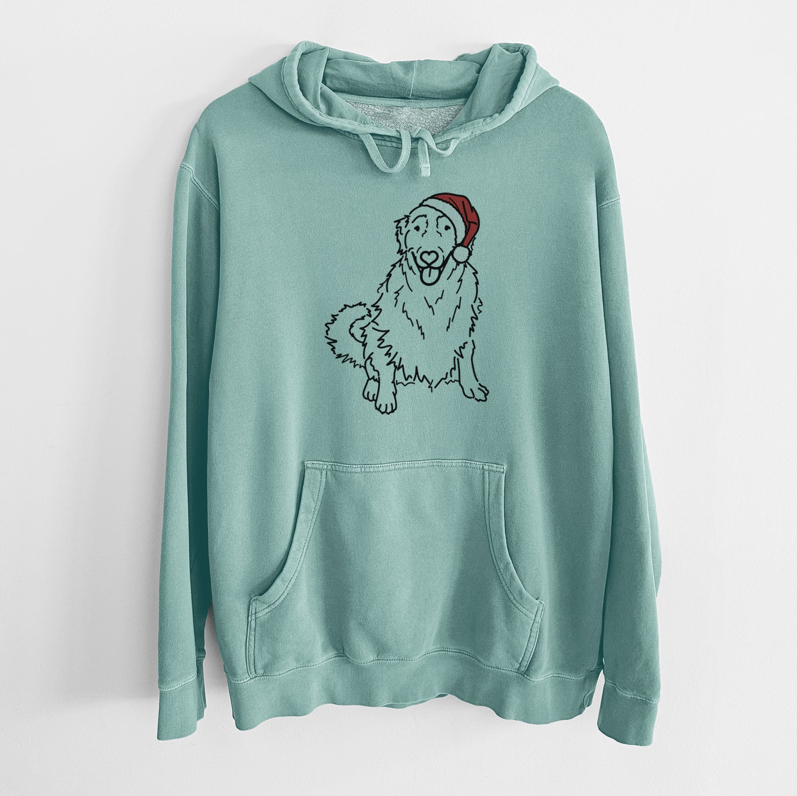 Minimalist line drawing of Daisy the Golden Retriever wearing a Santa hat on a Mint Unisex pigment dyed hoodie