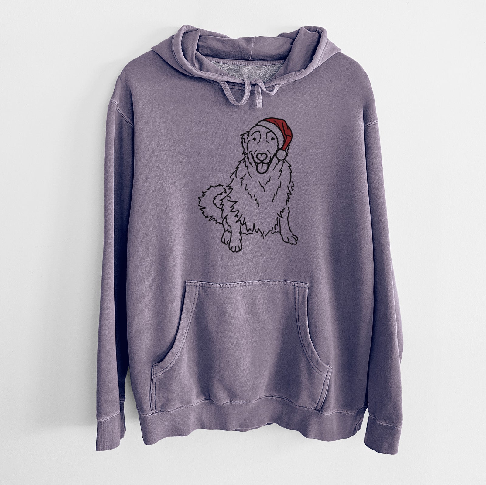 Minimalist line drawing of Daisy the Golden Retriever wearing a Santa hat on a Plum Unisex pigment dyed hoodie