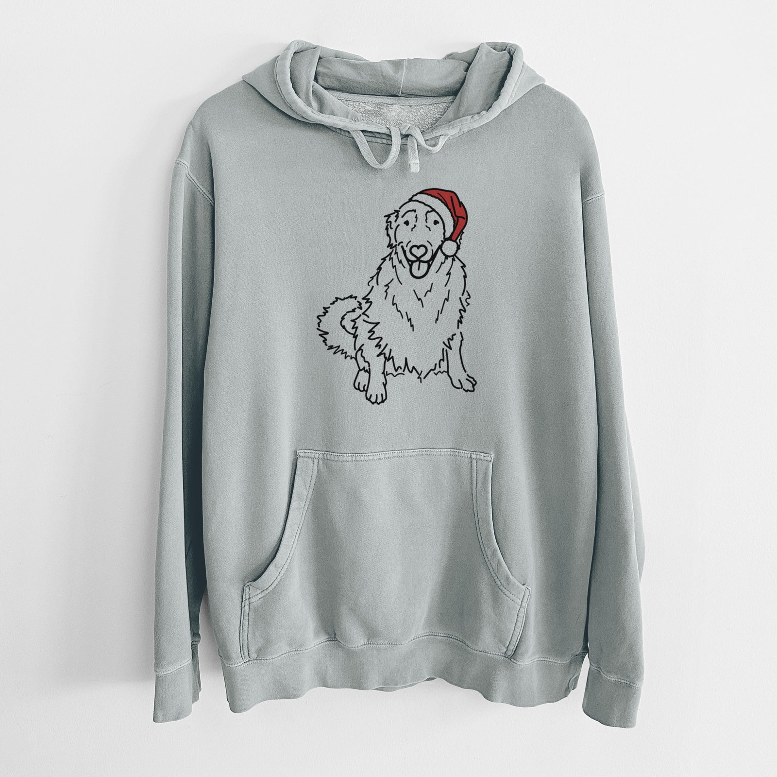Minimalist line drawing of Daisy the Golden Retriever wearing a Santa hat on a Sage Unisex pigment dyed hoodie