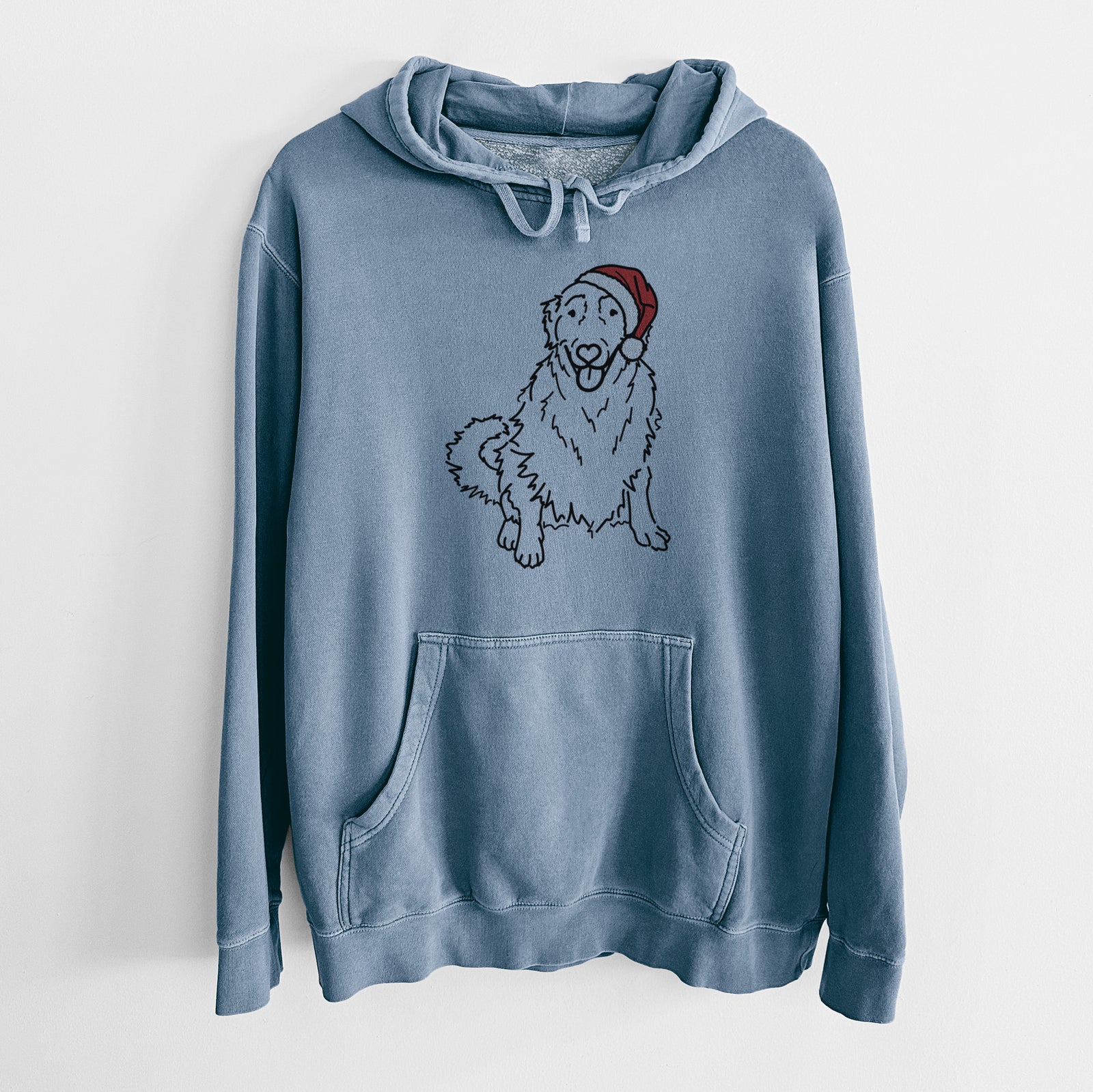 Minimalist line drawing of Daisy the Golden Retriever wearing a Santa hat on a Slate Blue Unisex pigment dyed hoodie
