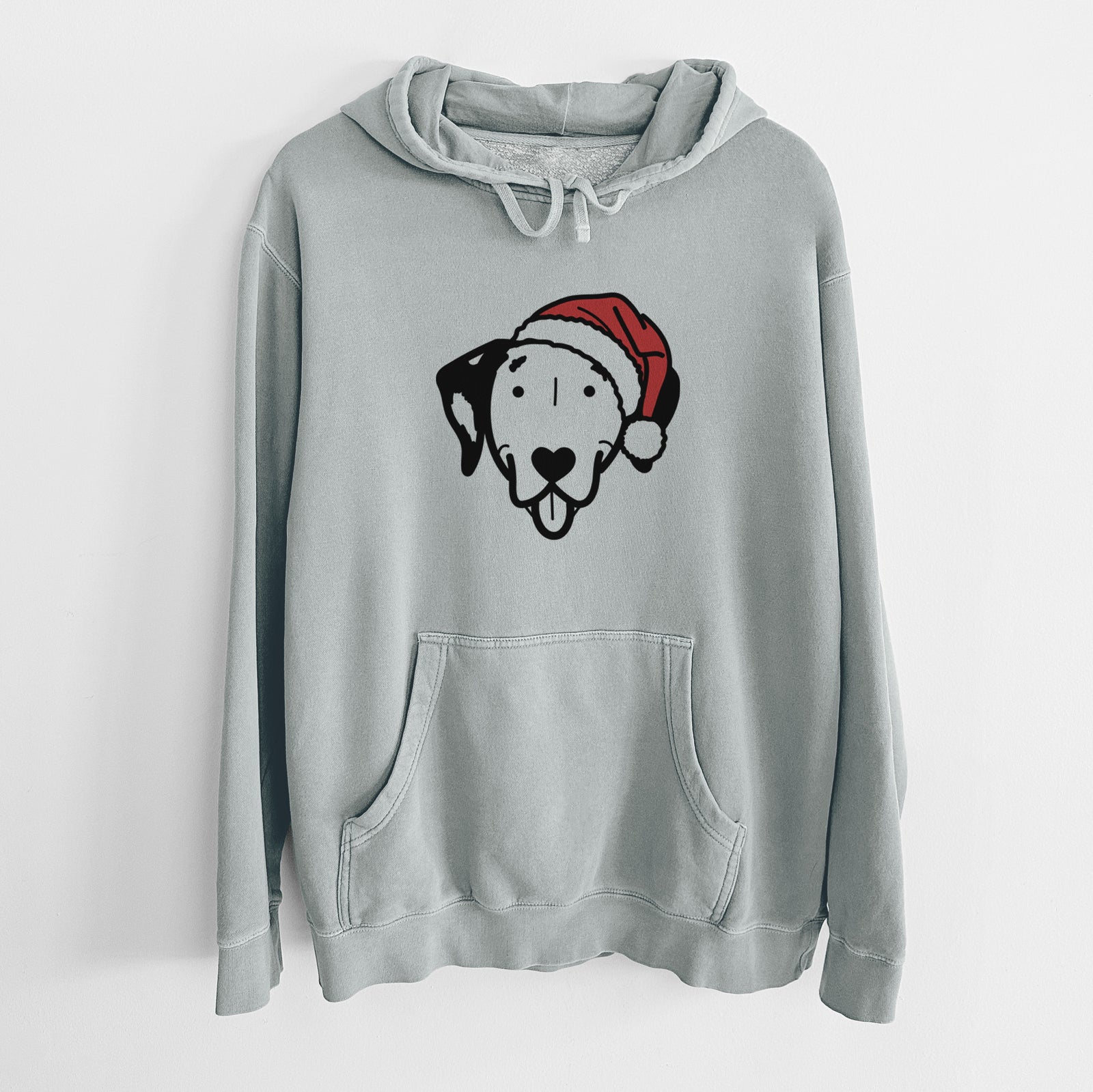 Minimalist line drawing of a Dalmatian wearing a Santa hat on a Sage Unisex pigment dyed hoodie
