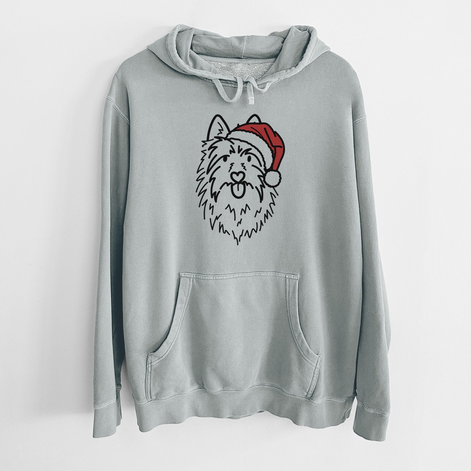 Minimalist line drawing of Digger the Australian Terrier wearing a Santa hat on a Sage Unisex pigment dyed hoodie