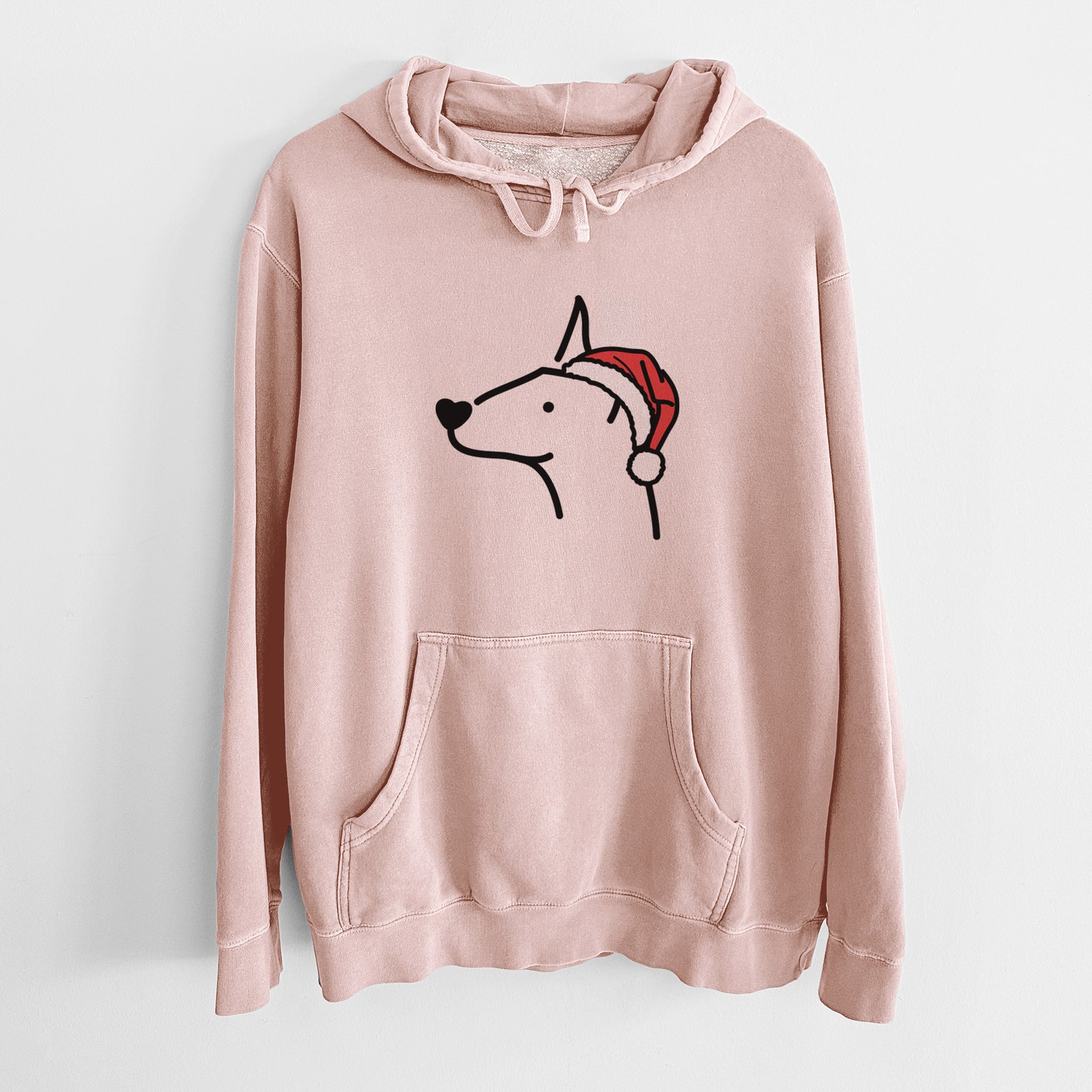 Minimalist line drawing of a Doberman Pinscher wearing a Santa hat on a Dusty Pink Unisex pigment dyed hoodie