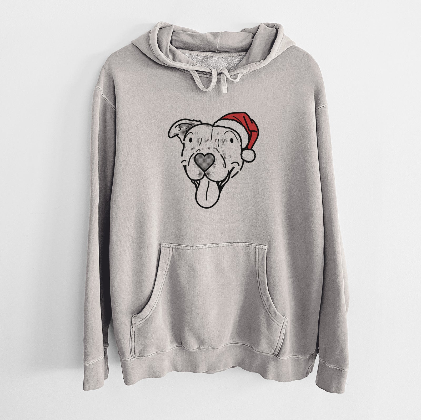 Minimalist line drawing of Dottie the Pitbull Mix wearing a Santa hat on a Cement Unisex pigment dyed hoodie