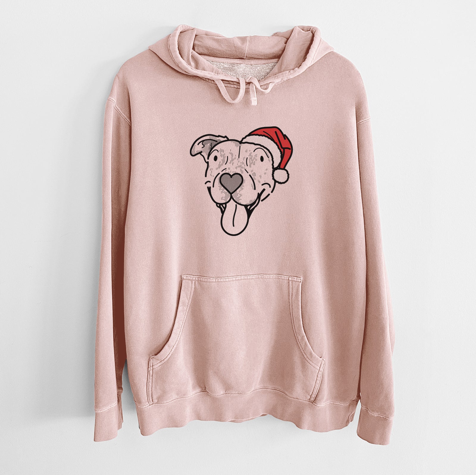 Minimalist line drawing of Dottie the Pitbull Mix wearing a Santa hat on a Dusty Pink Unisex pigment dyed hoodie
