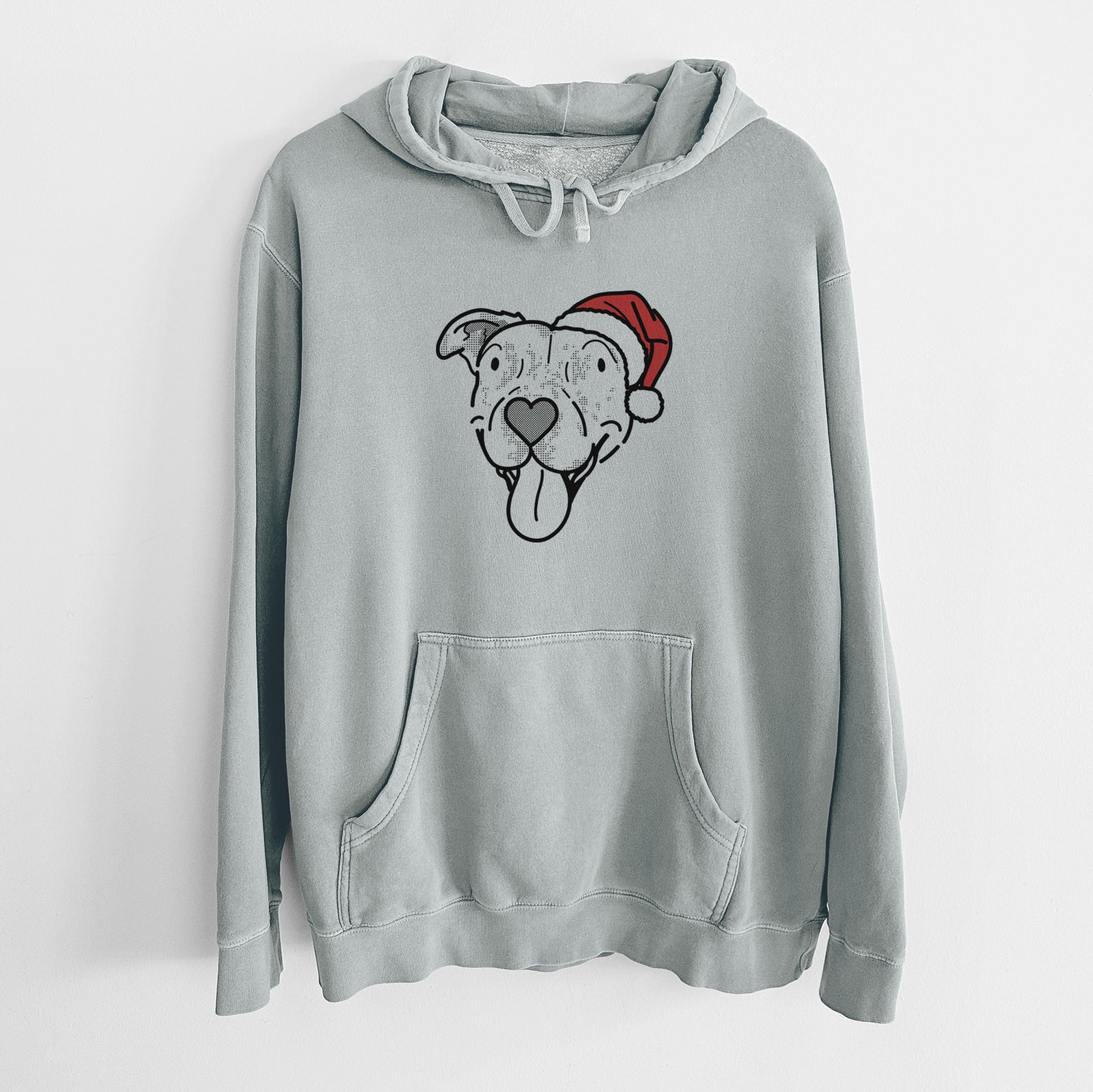 Minimalist line drawing of Dottie the Pitbull Mix wearing a Santa hat on a Sage Unisex pigment dyed hoodie