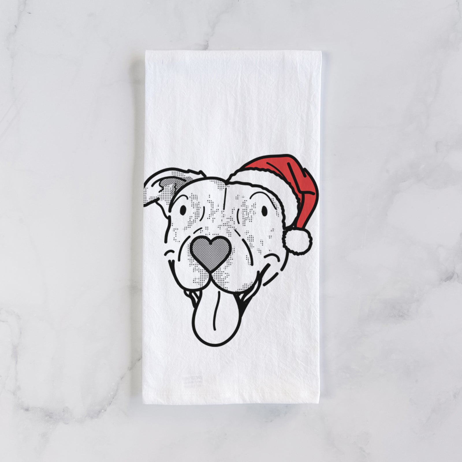 Minimalist line drawing of Dottie the Pitbull Mix wearing a Santa hat on a tea towel