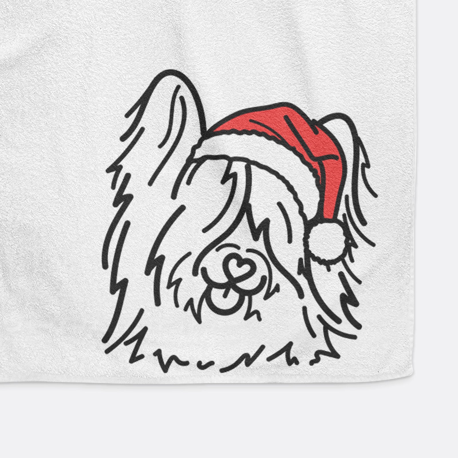 Minimalist line drawing of Dougal the Skye Terrier wearing a Santa hat on a hand towel