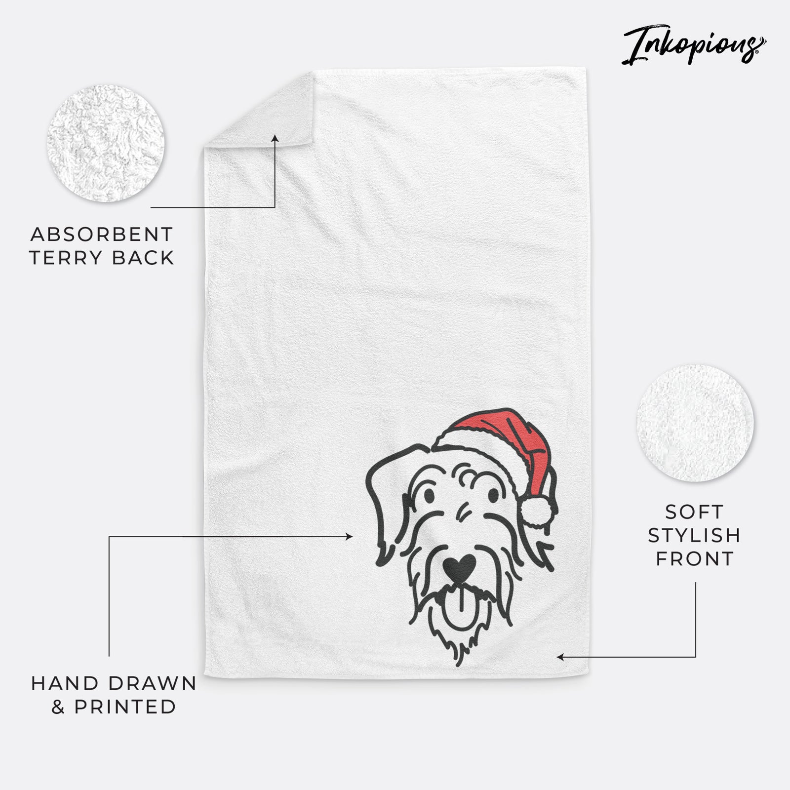 Minimalist line drawing of Dug the Doodle wearing a Santa hat on a decorative hand towel