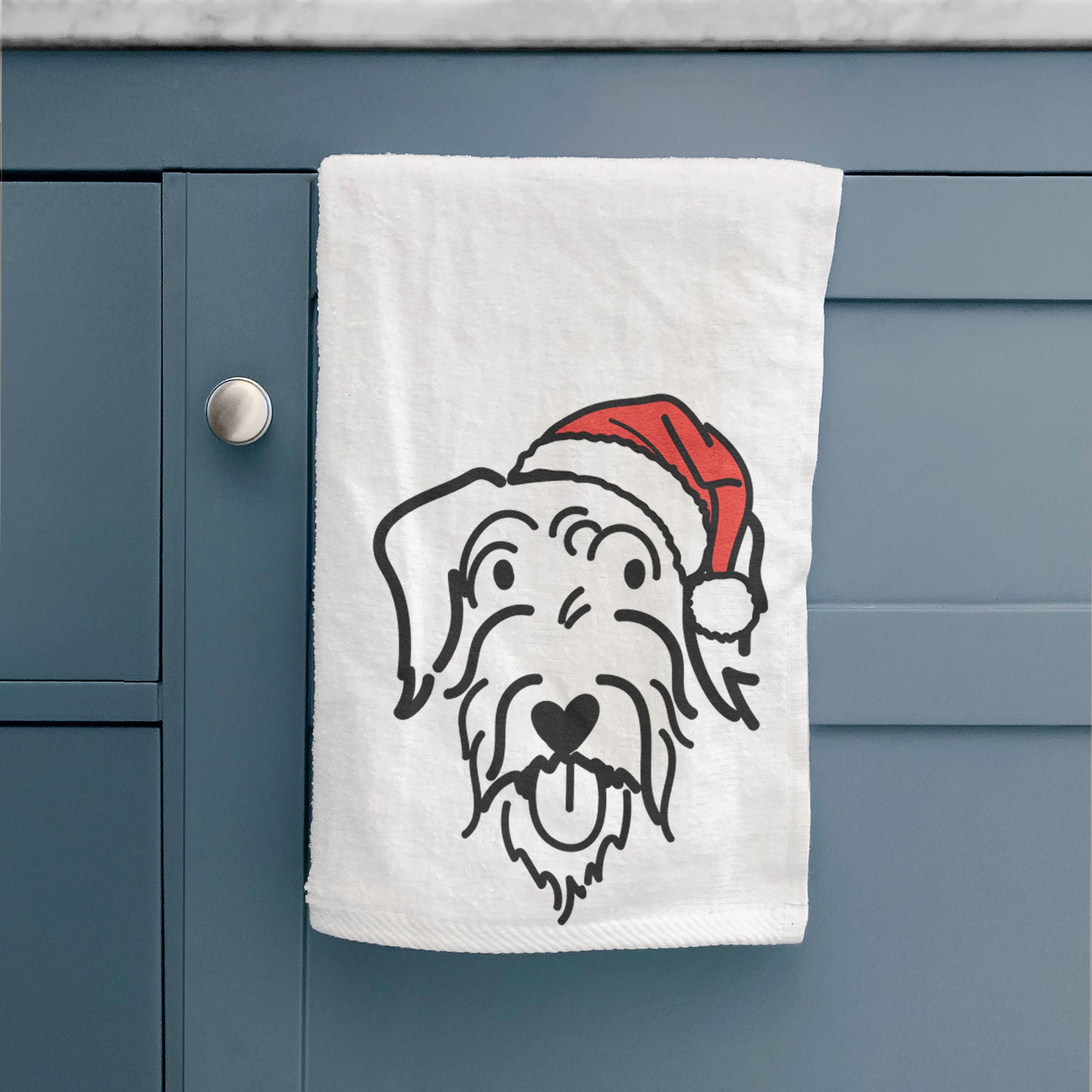 Minimalist line drawing of Dug the Doodle wearing a Santa hat on a decorative hand towel
