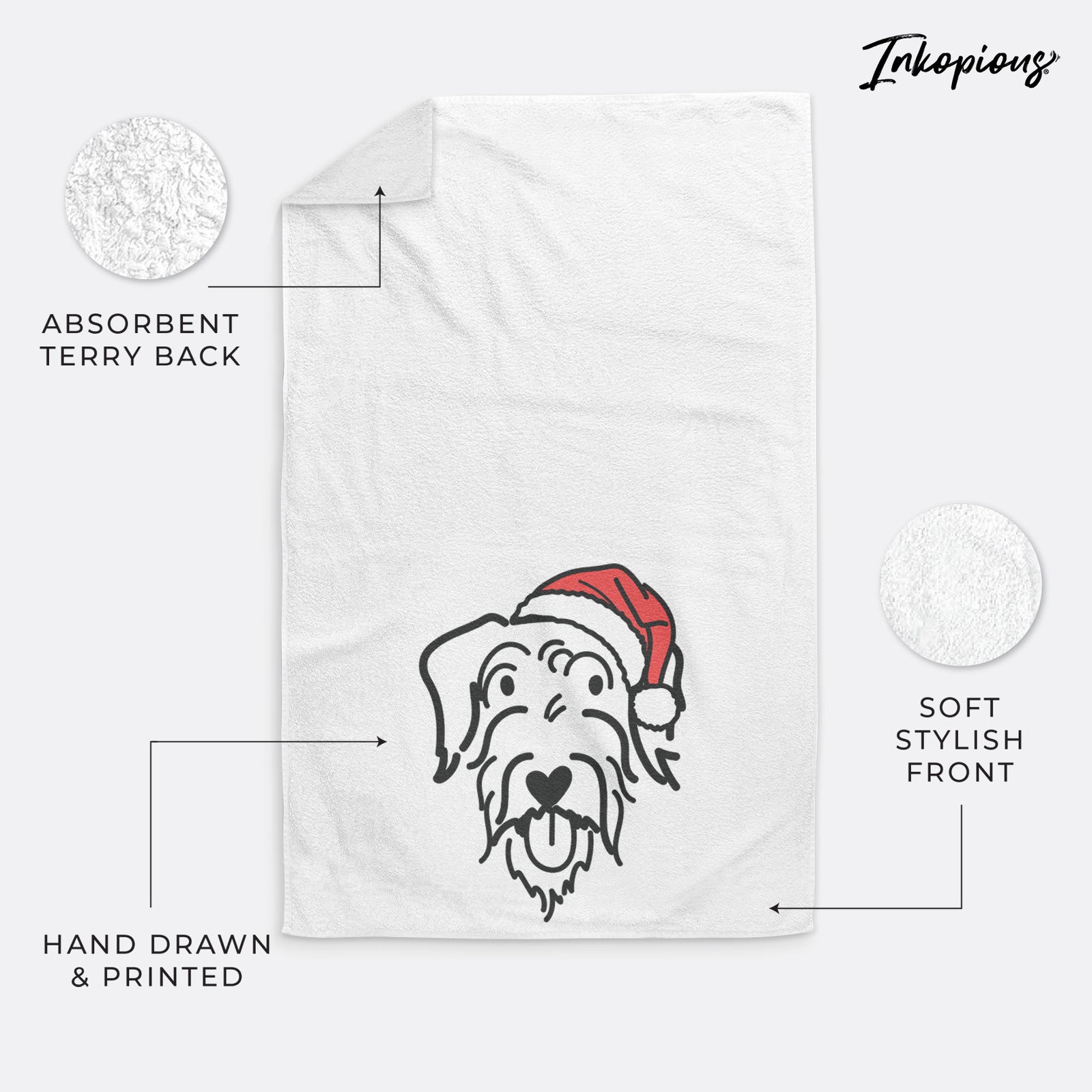 Minimalist line drawing of Dug the Doodle wearing a Santa hat on a decorative hand towel
