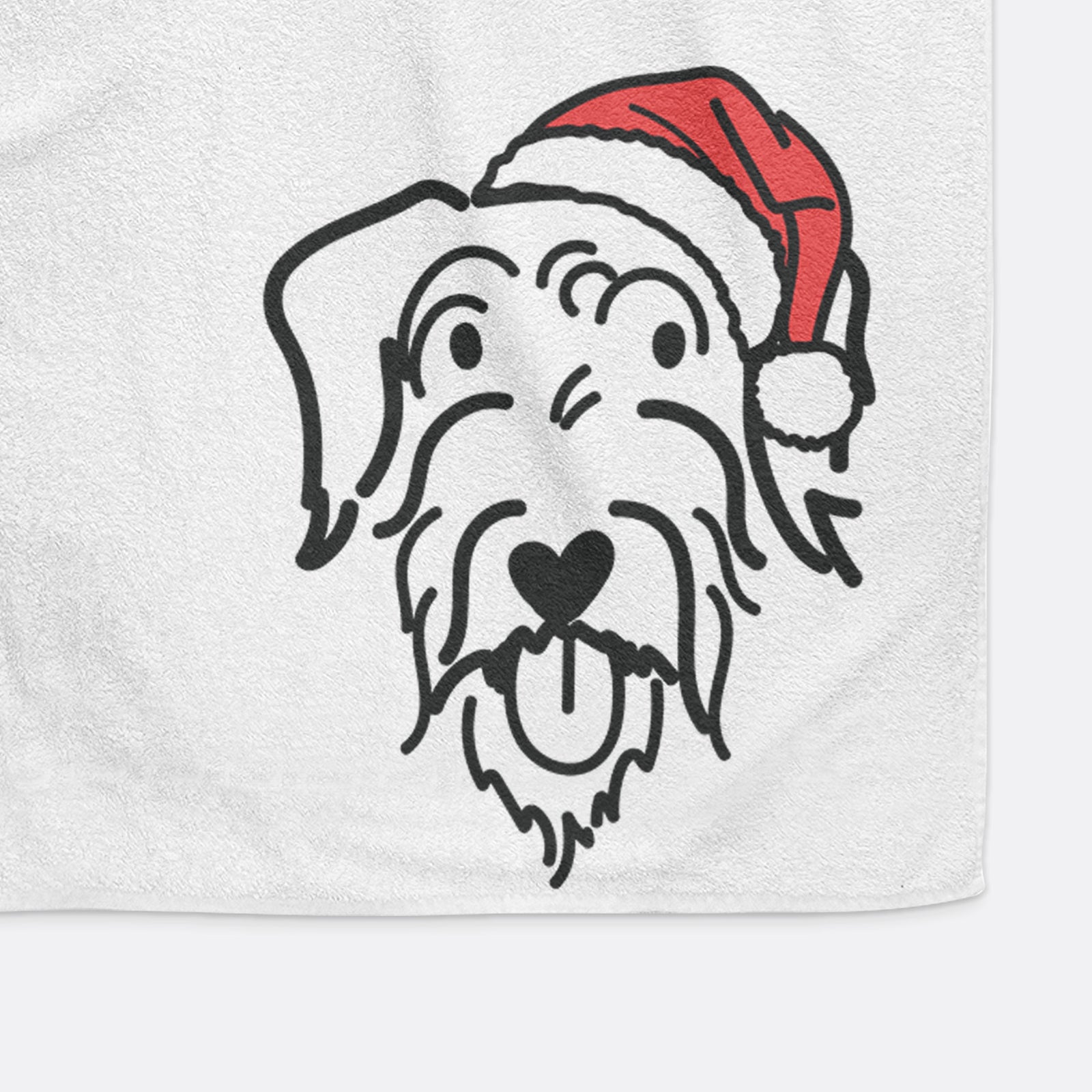 Minimalist line drawing of Dug the Doodle wearing a Santa hat on a decorative hand towel