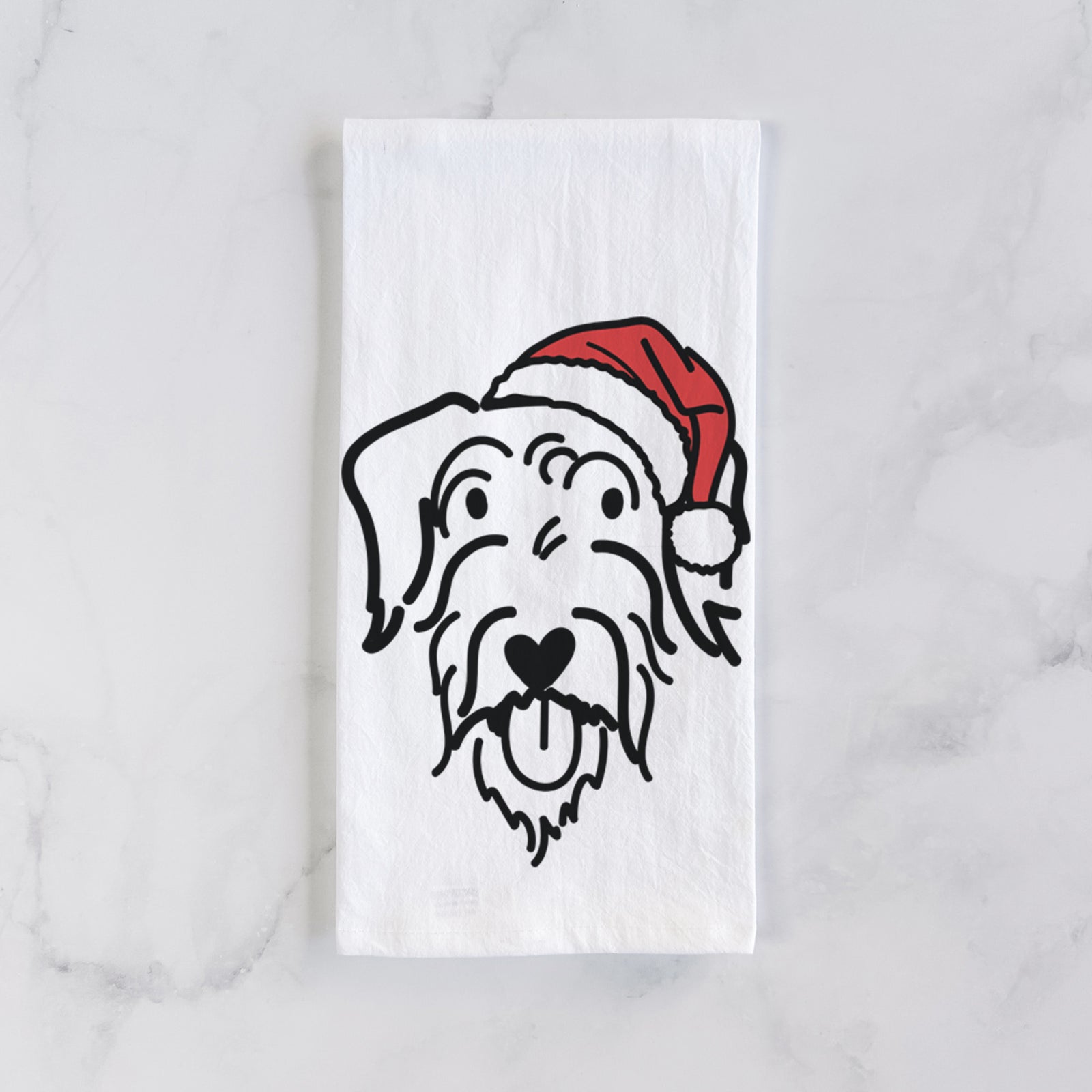 Minimalist line drawing of Dug the Doodle wearing a Santa hat on a tea towel