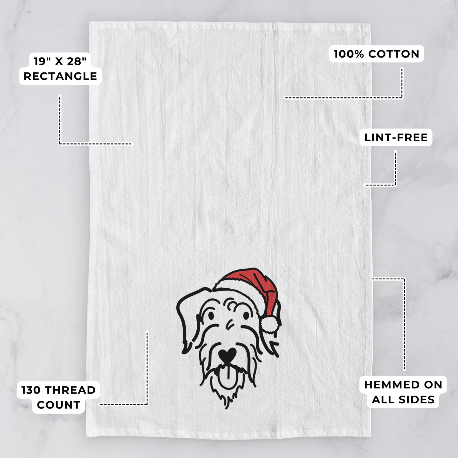 Minimalist line drawing of Dug the Doodle wearing a Santa hat on a tea towel, with feature callouts: 19 x 28 inch rectangle, 100% cotton, lint-free, 120 thread count, hemmed on all sides