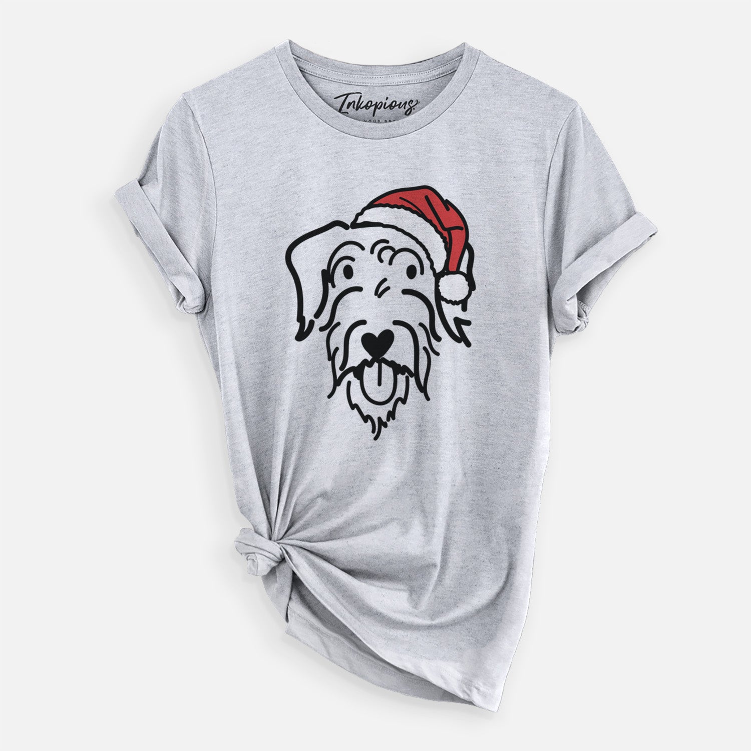Minimalist line drawing of Dug the Doodle wearing a Santa hat on a Grey Unisex crewneck