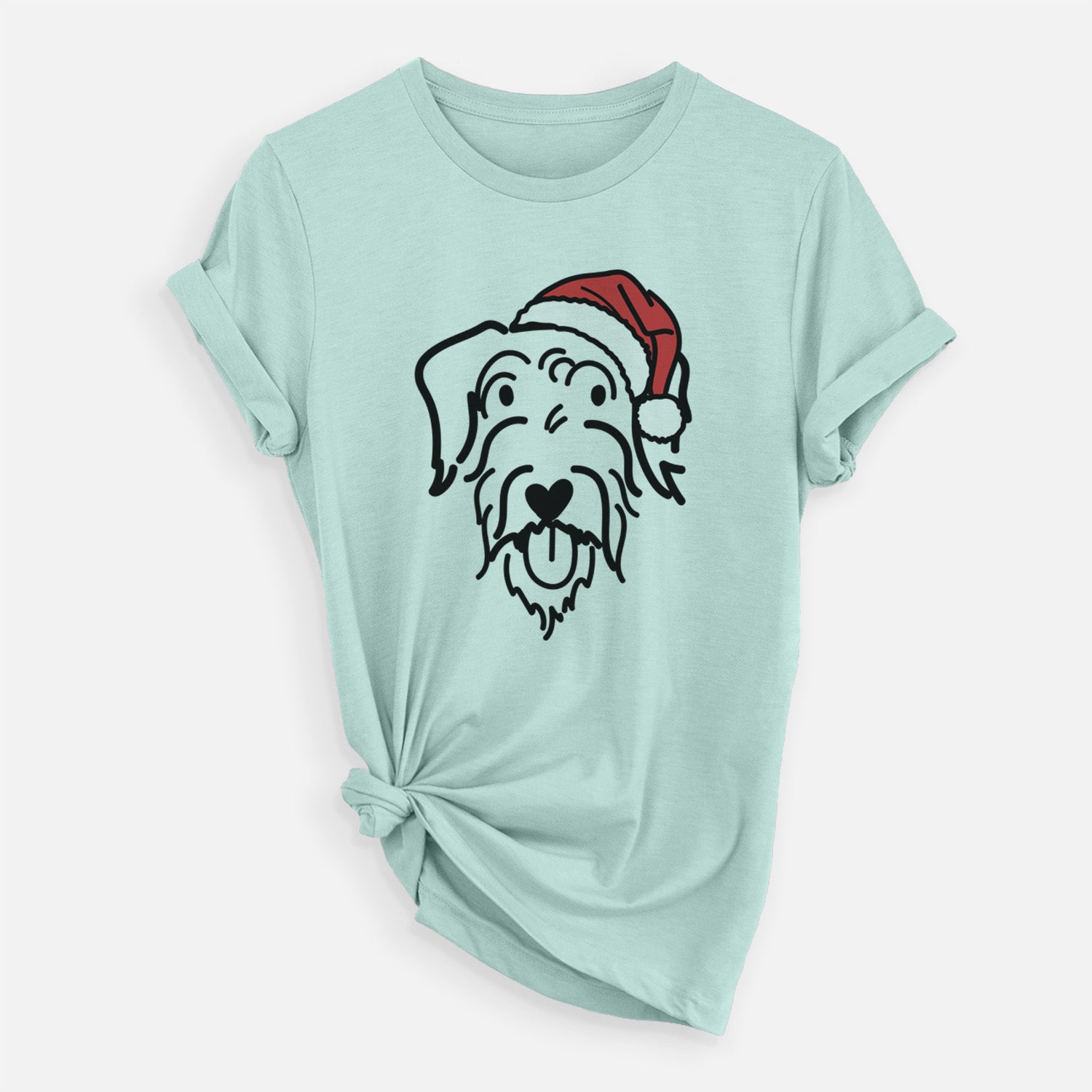 Minimalist line drawing of Dug the Doodle wearing a Santa hat on a Heather Sage Unisex crewneck