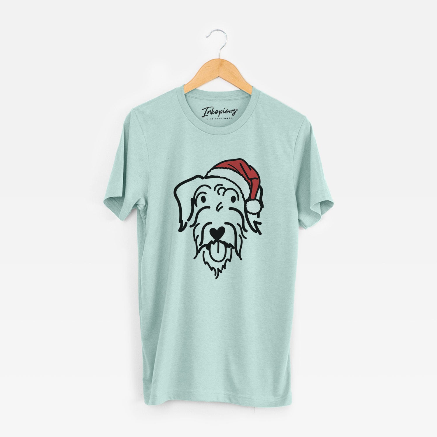 Minimalist line drawing of Dug the Doodle wearing a Santa hat on a Heather Sage Unisex crewneck