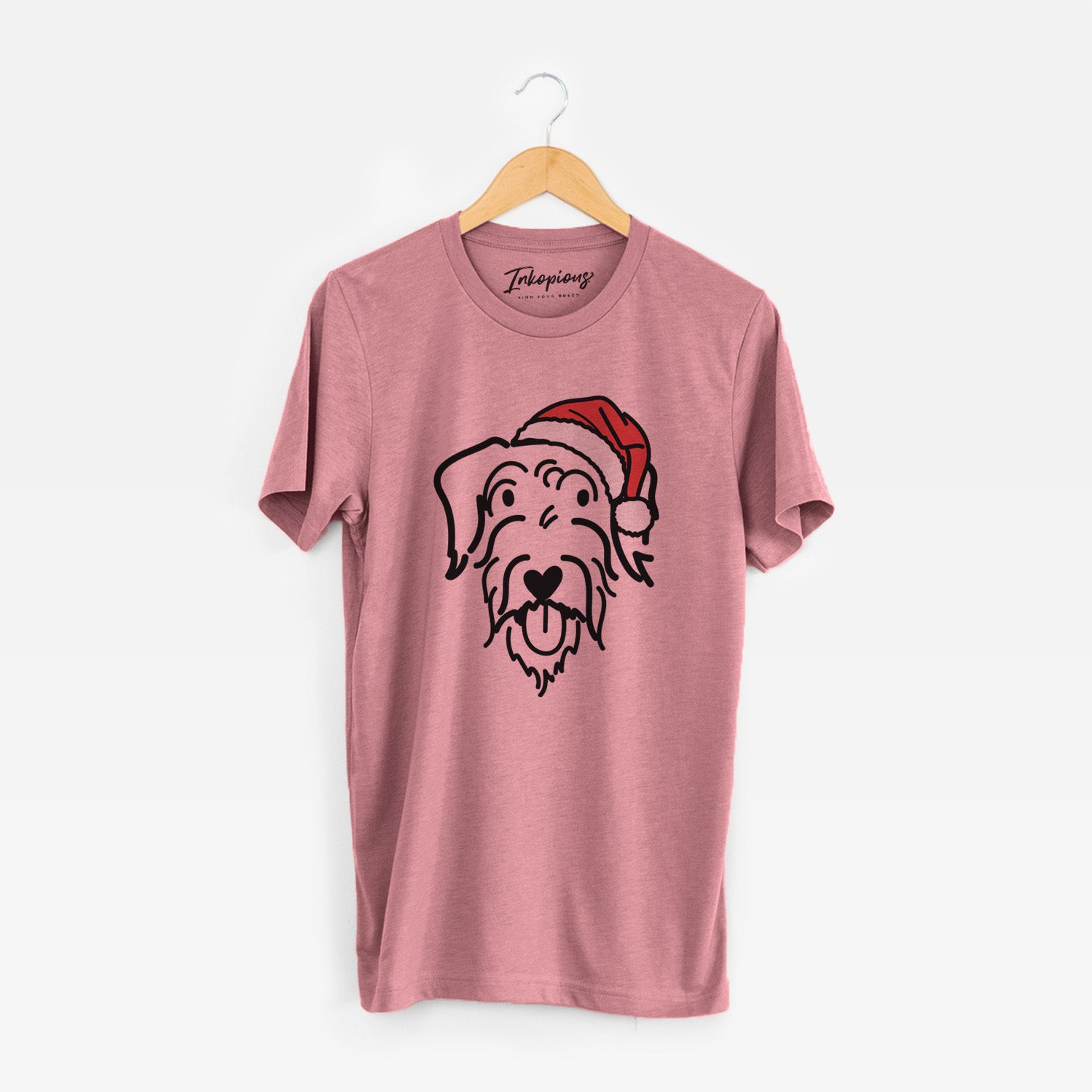 Minimalist line drawing of Dug the Doodle wearing a Santa hat on a Mauve Unisex crewneck