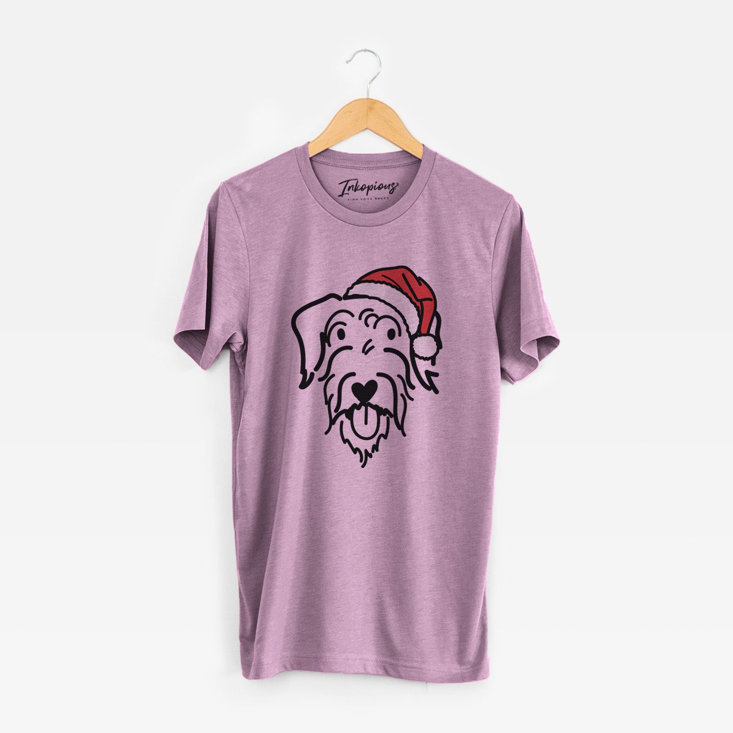Minimalist line drawing of Dug the Doodle wearing a Santa hat on an Orchid Unisex crewneck