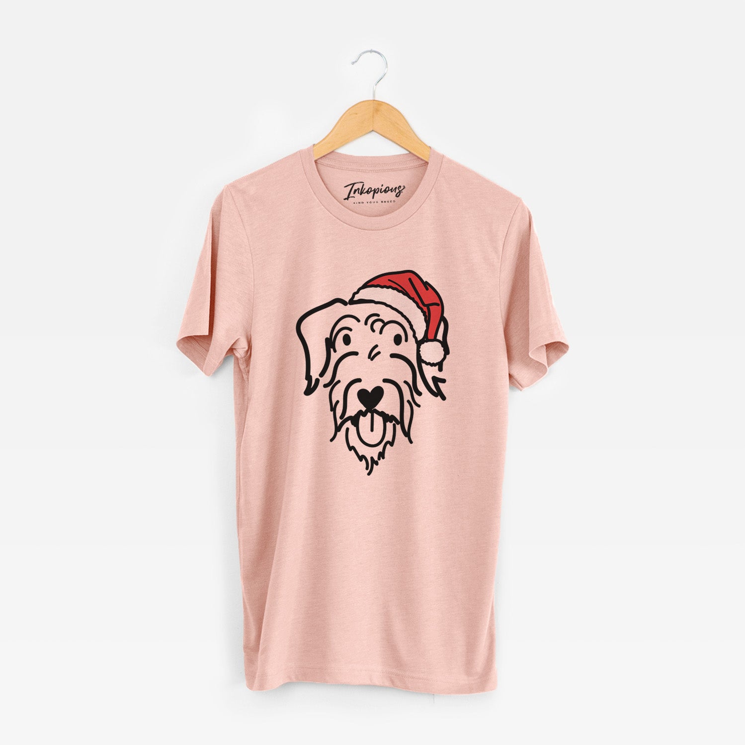 Minimalist line drawing of Dug the Doodle wearing a Santa hat on a Peach Unisex crewneck