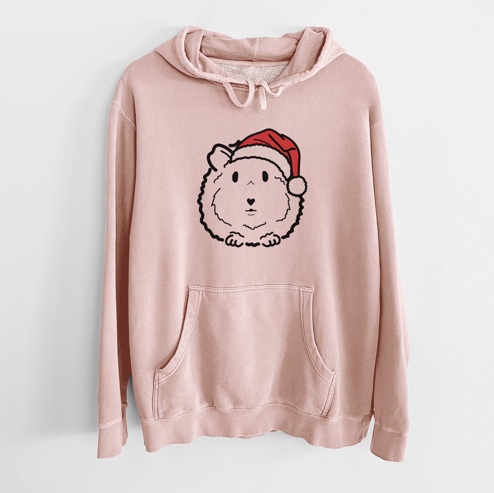 Minimalist line drawing of Duke the Guinea Pig wearing a Santa hat on a Dusty Pink Unisex pigment dyed hoodie
