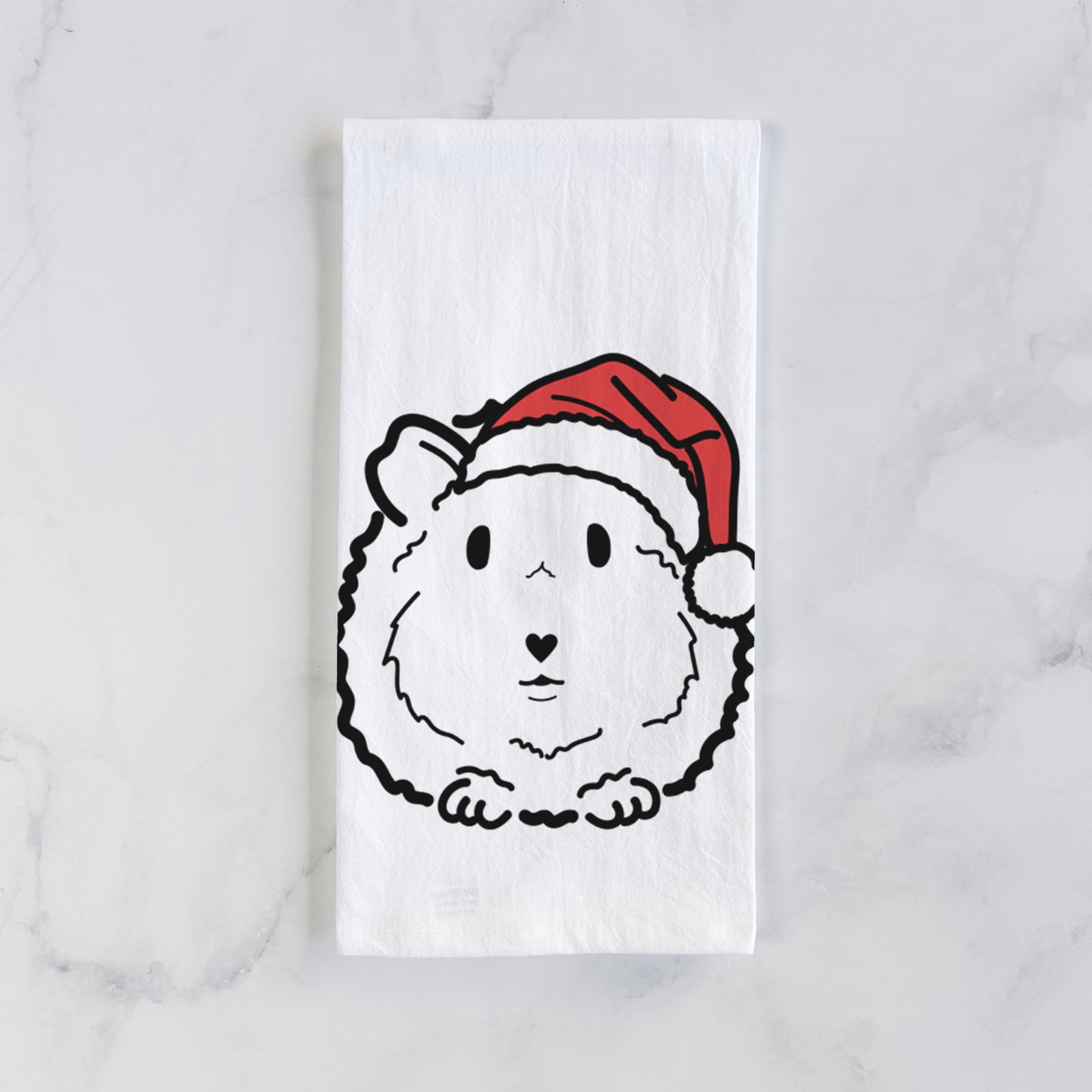 Minimalist line drawing of Duke the Guinea Pig wearing a Santa hat on a tea towel