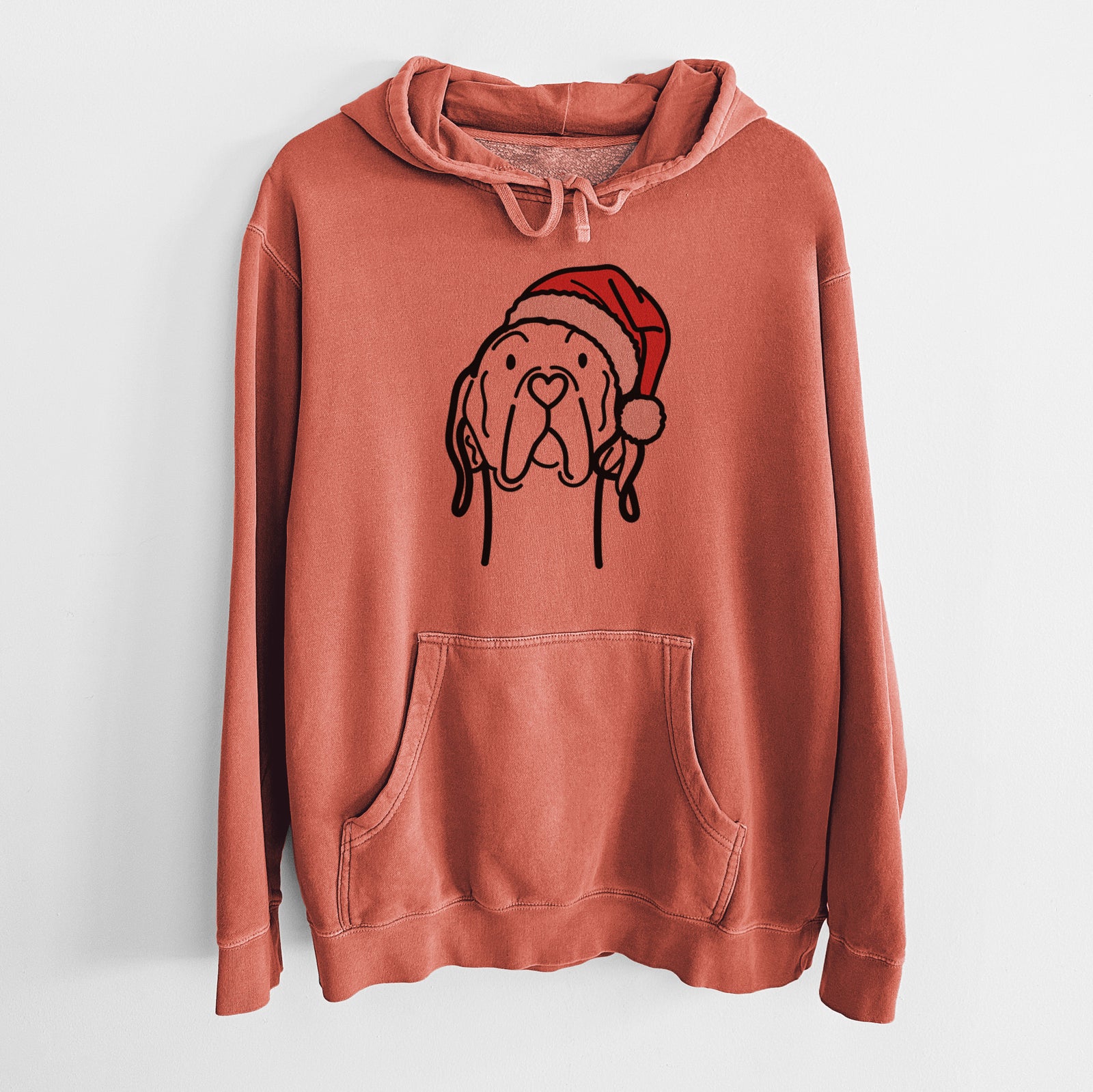 Minimalist line drawing of an English Pointer wearing a Santa hat on an Amber Unisex pigment dyed hoodie