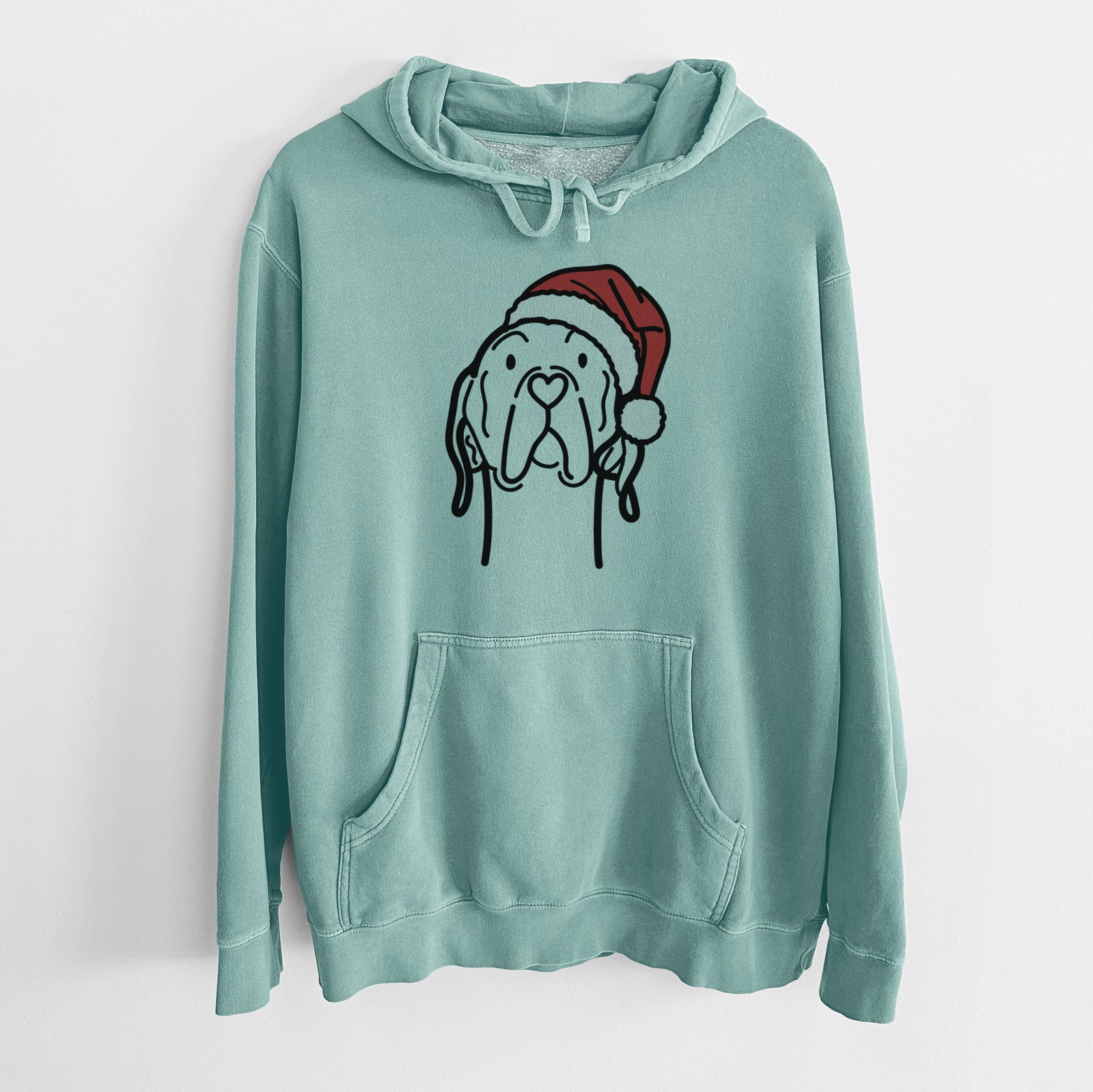 Minimalist line drawing of an English Pointer wearing a Santa hat on a Mint Unisex pigment dyed hoodie