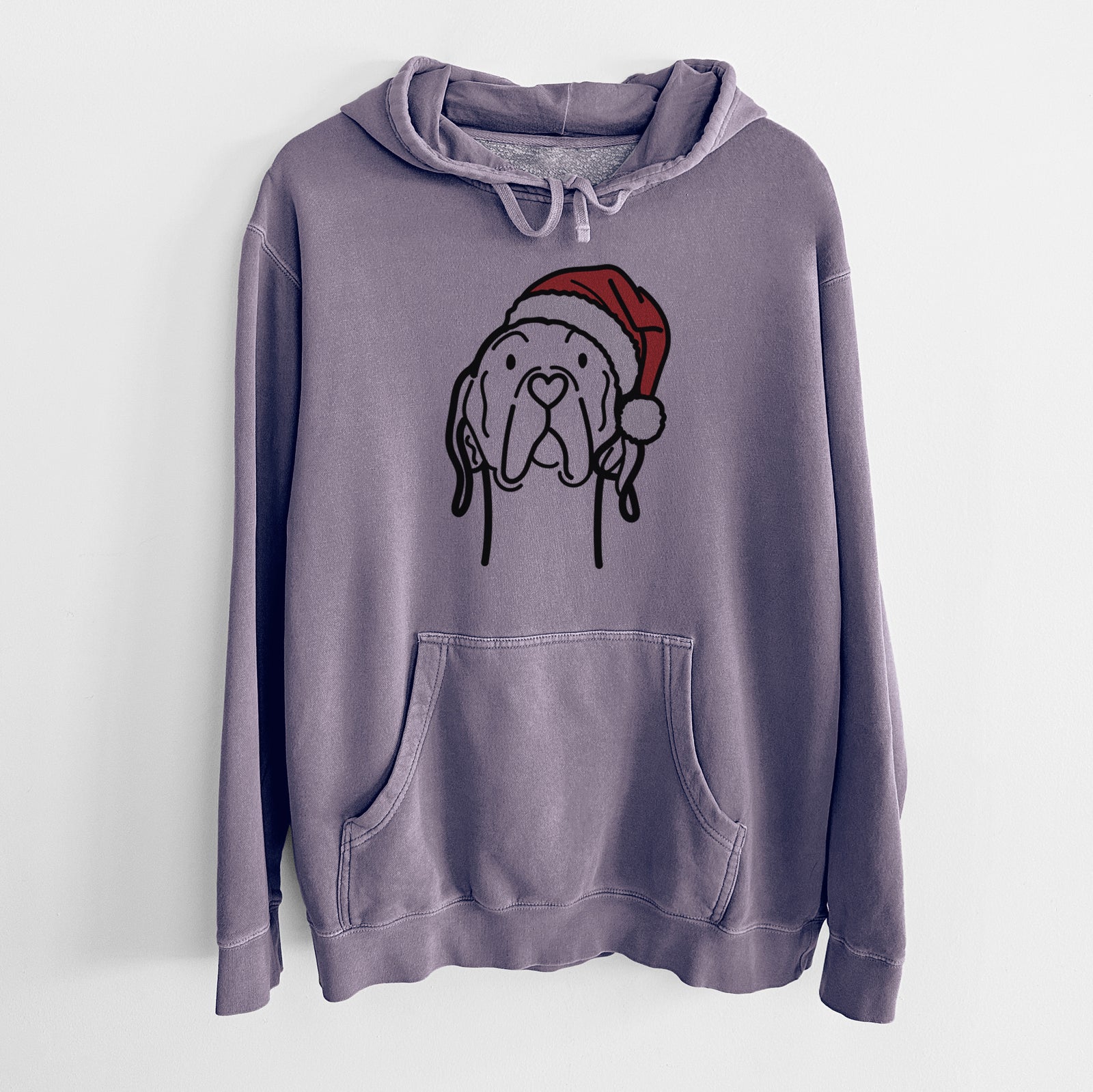 Minimalist line drawing of an English Pointer wearing a Santa hat on a Plum Unisex pigment dyed hoodie