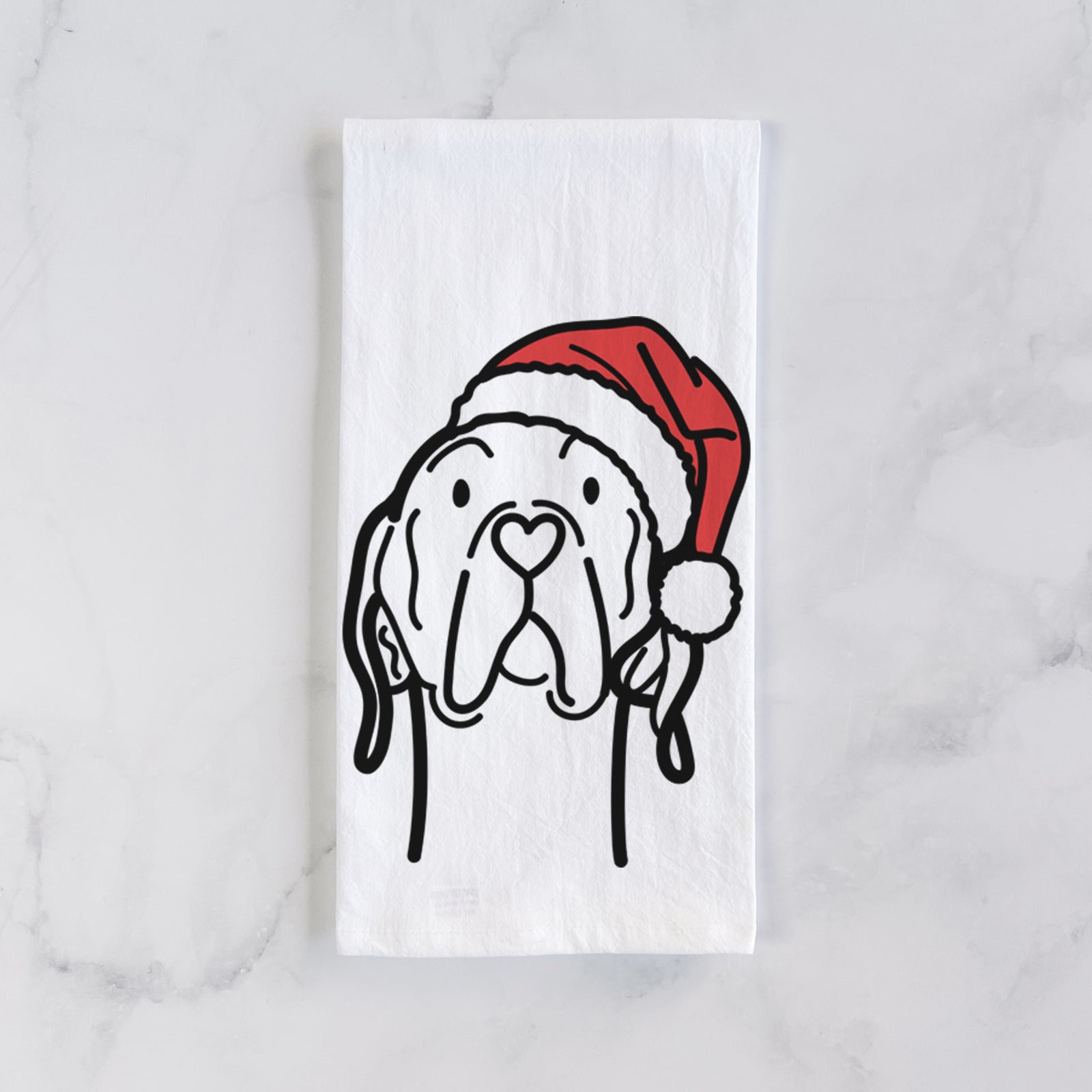 Minimalist line drawing of an English Pointer wearing a Santa hat on a tea towel