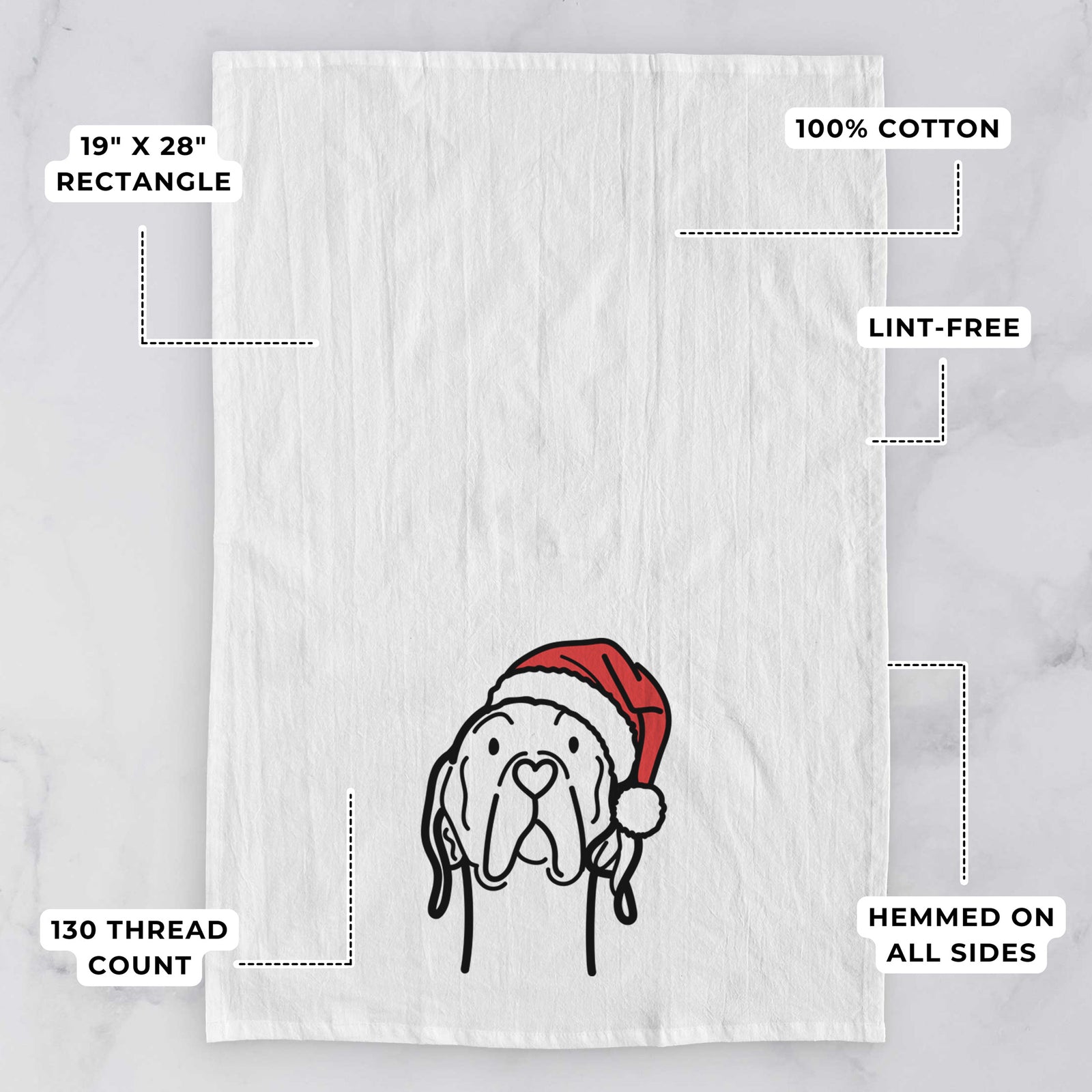 Minimalist line drawing of an English Pointer wearing a Santa hat on a tea towel, with feature callouts: 19 x 28 inch rectangle, 100% cotton, lint-free, 120 thread count, hemmed on all sides