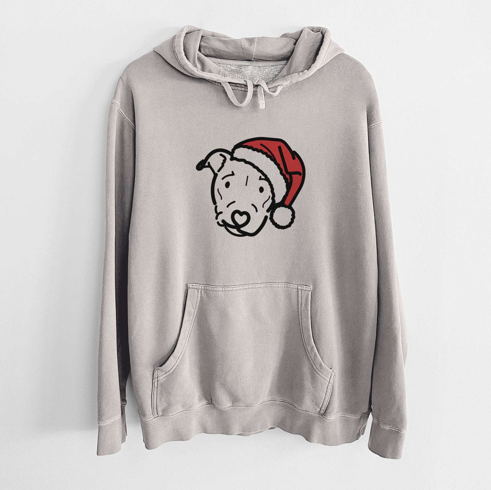Minimalist line drawing of Ernie the Pitbull Mix wearing a Santa hat on a Cement Unisex pigment dyed hoodie