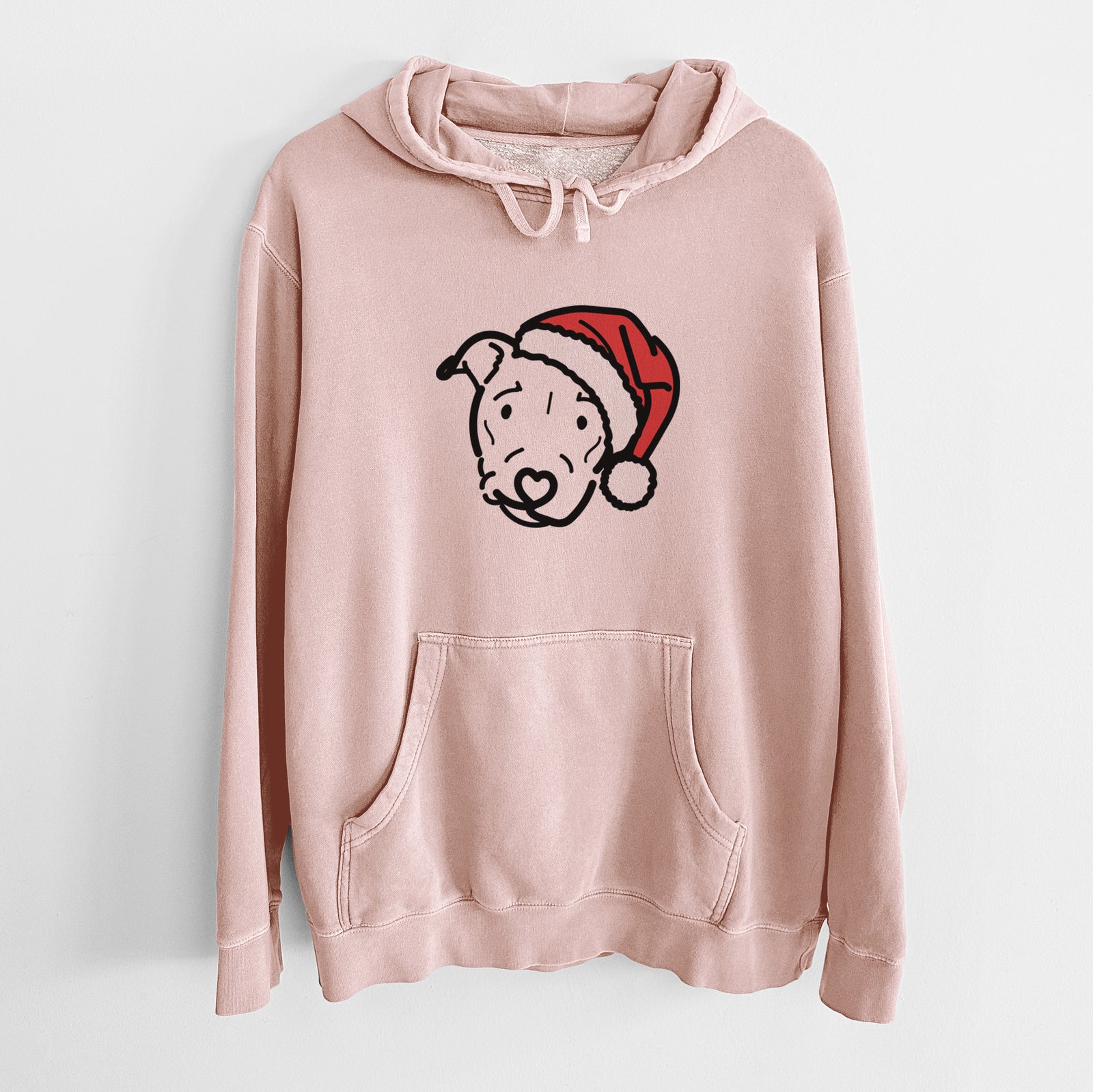 Minimalist line drawing of Ernie the Pitbull Mix wearing a Santa hat on a Dusty Pink Unisex pigment dyed hoodie