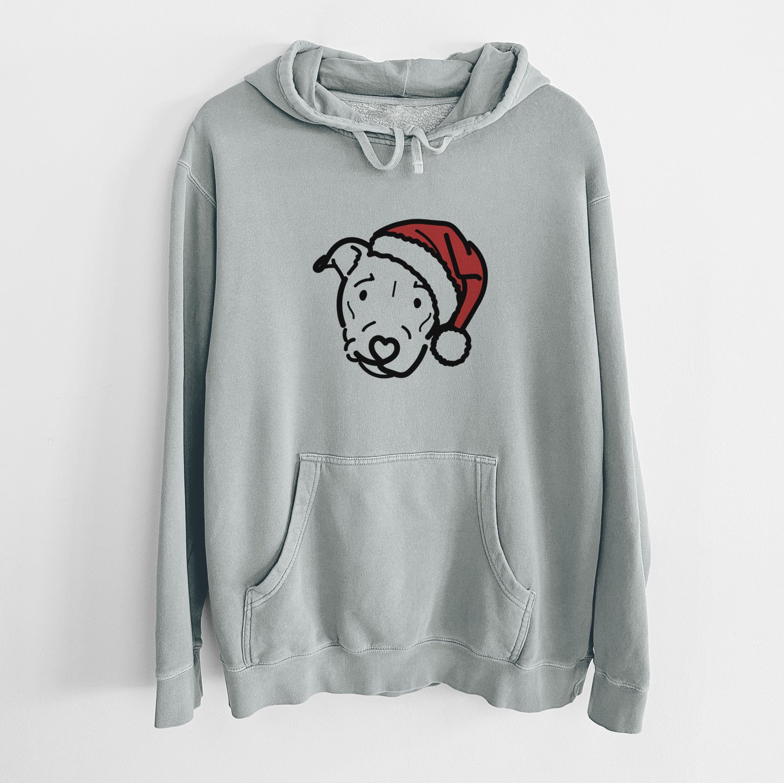 Minimalist line drawing of Ernie the Pitbull Mix wearing a Santa hat on a Sage Unisex pigment dyed hoodie