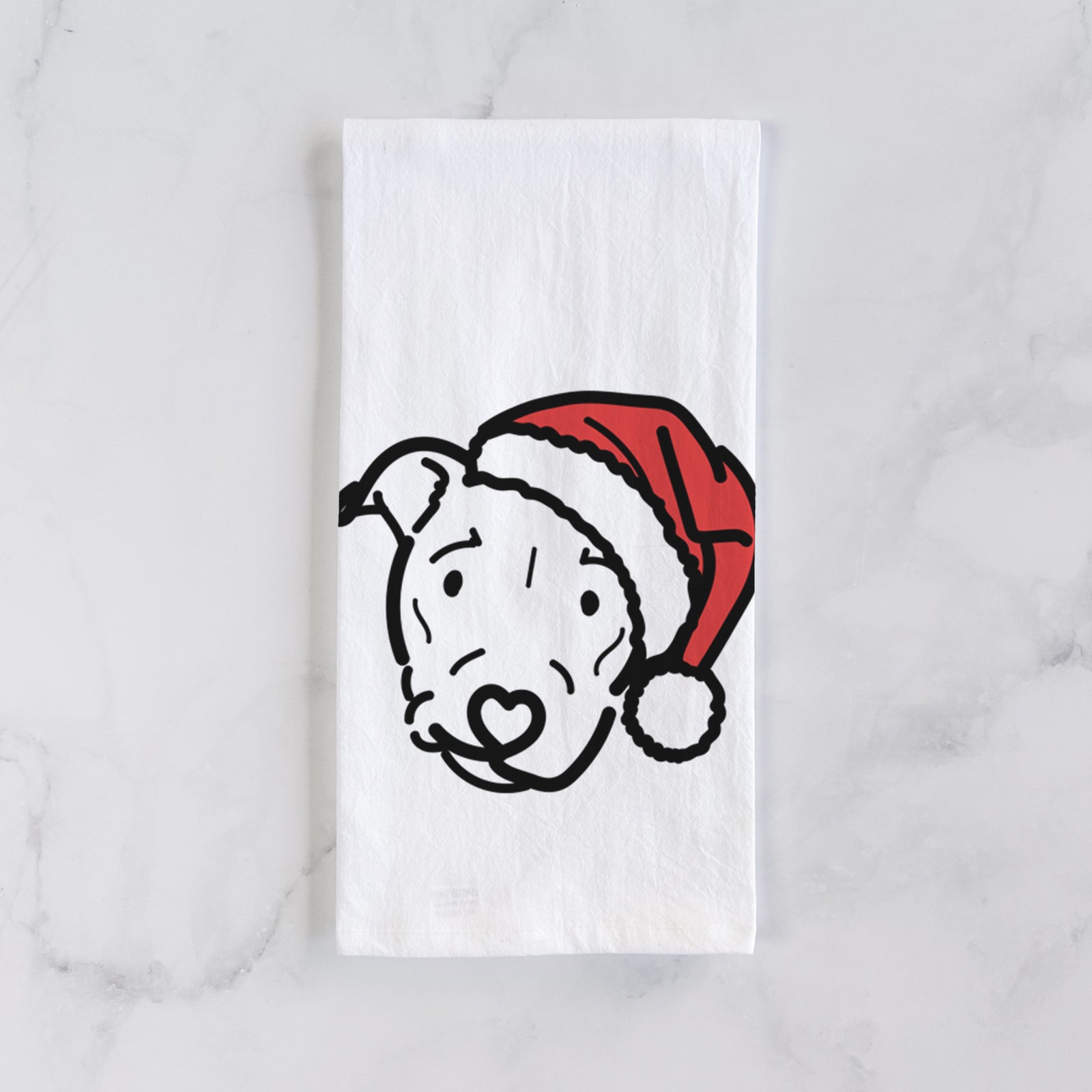 Minimalist line drawing of Ernie the Pitbull Mix wearing a Santa hat on a tea towel
