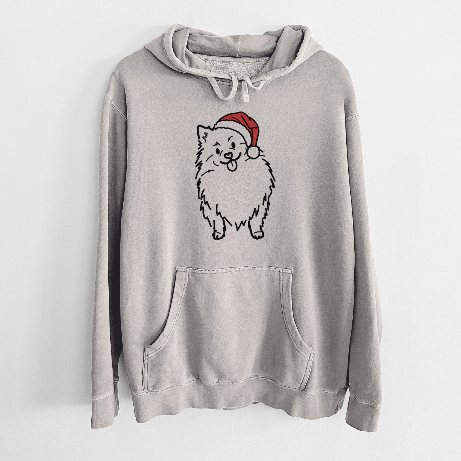 Minimalist line drawing of Fern the Pomeranian wearing a Santa hat on a Cement Unisex pigment dyed hoodie