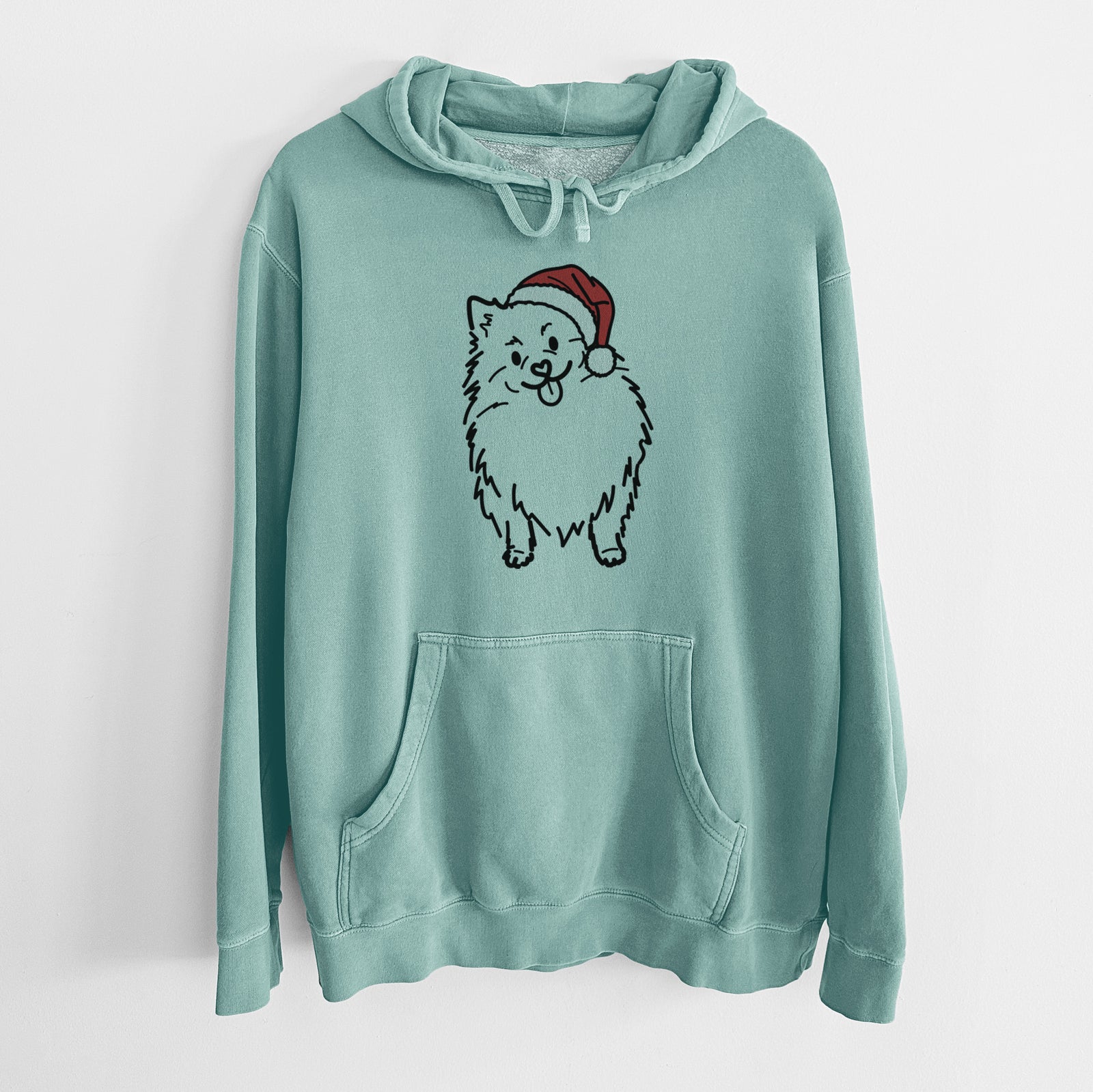 Minimalist line drawing of Fern the Pomeranian wearing a Santa hat on a Mint Unisex pigment dyed hoodie