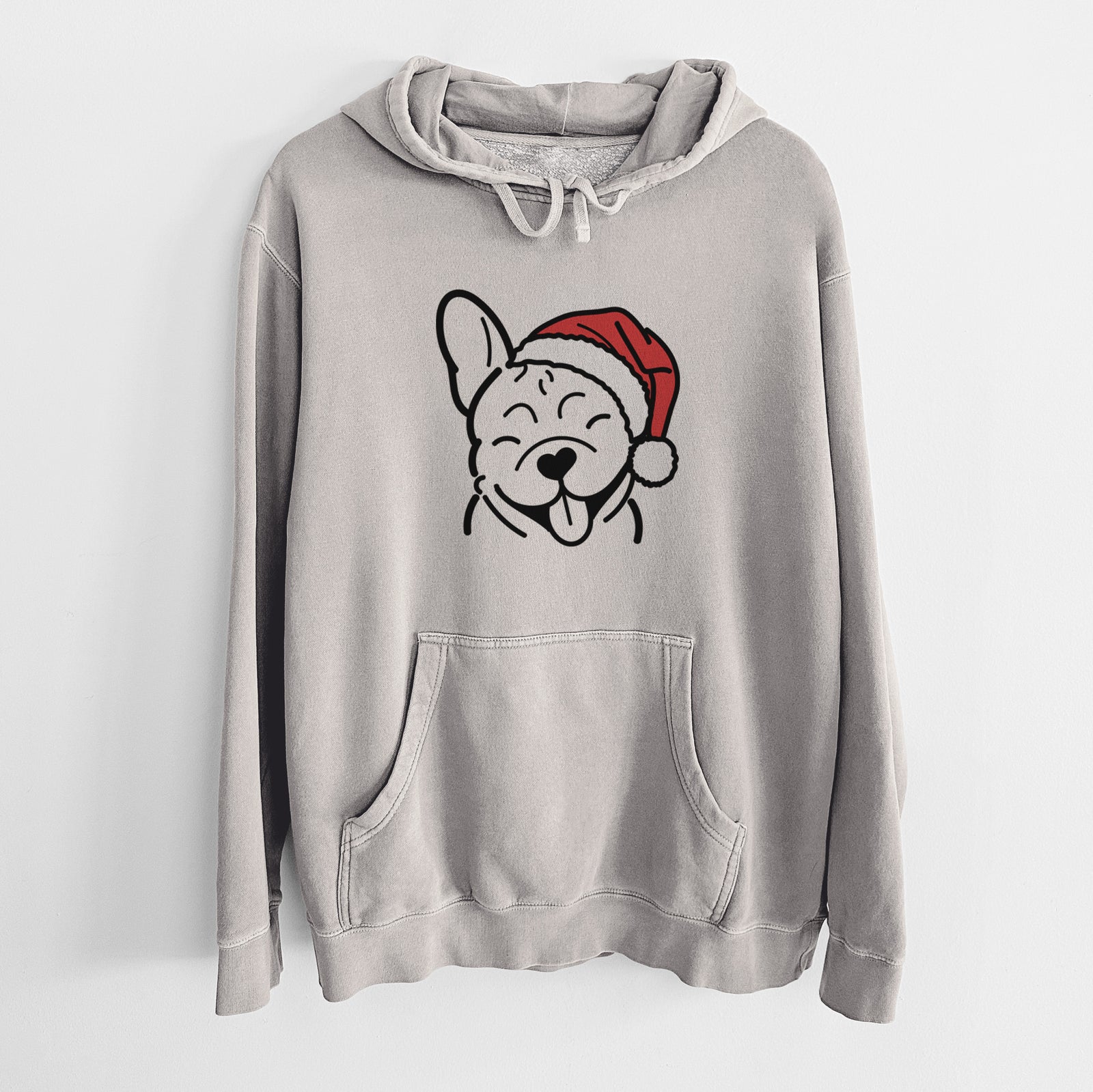 Minimalist line drawing of a French Bulldog wearing a Santa hat on a Cement Unisex pigment dyed hoodie