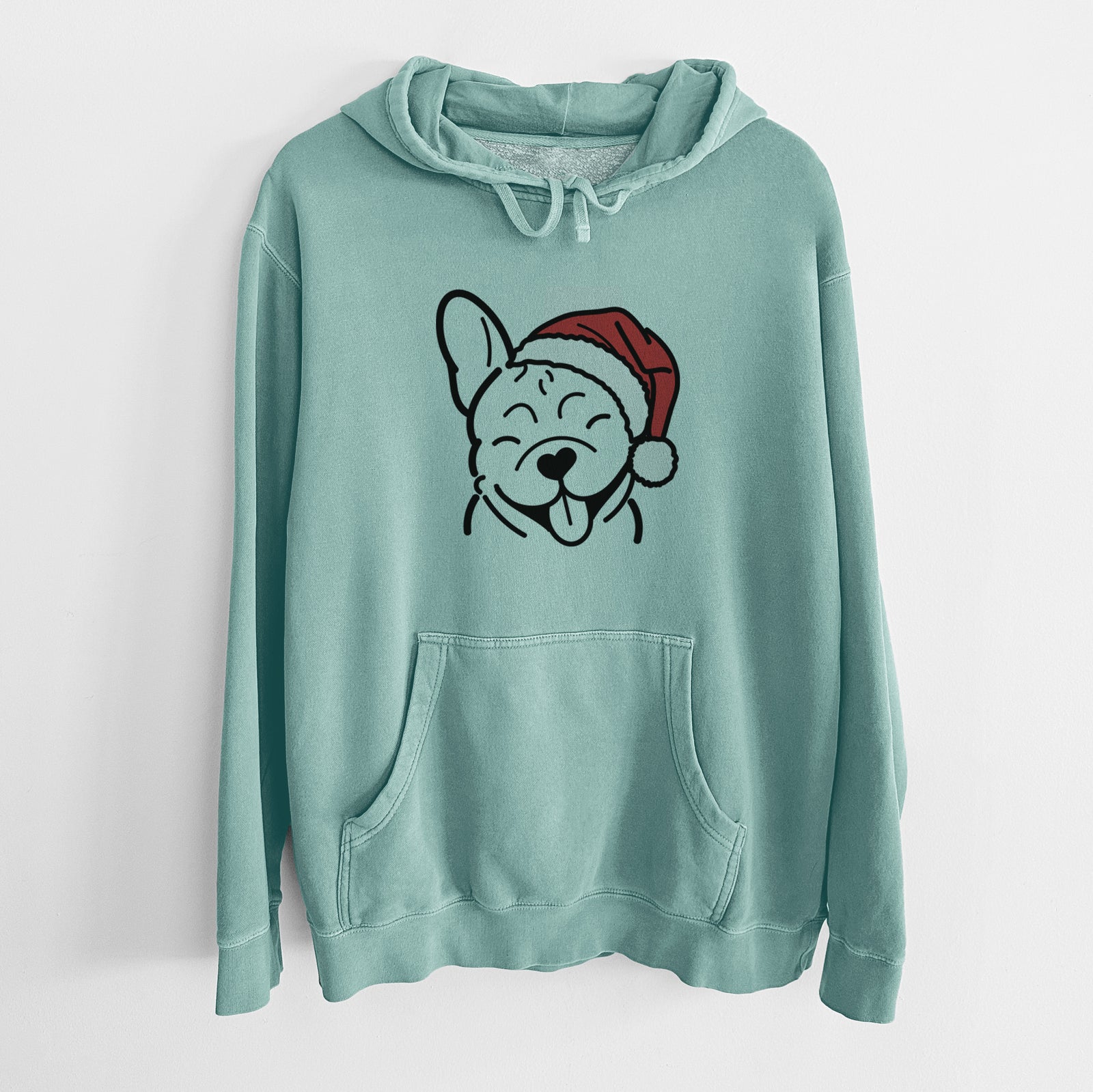 Minimalist line drawing of a French Bulldog wearing a Santa hat on a Mint Unisex pigment dyed hoodie