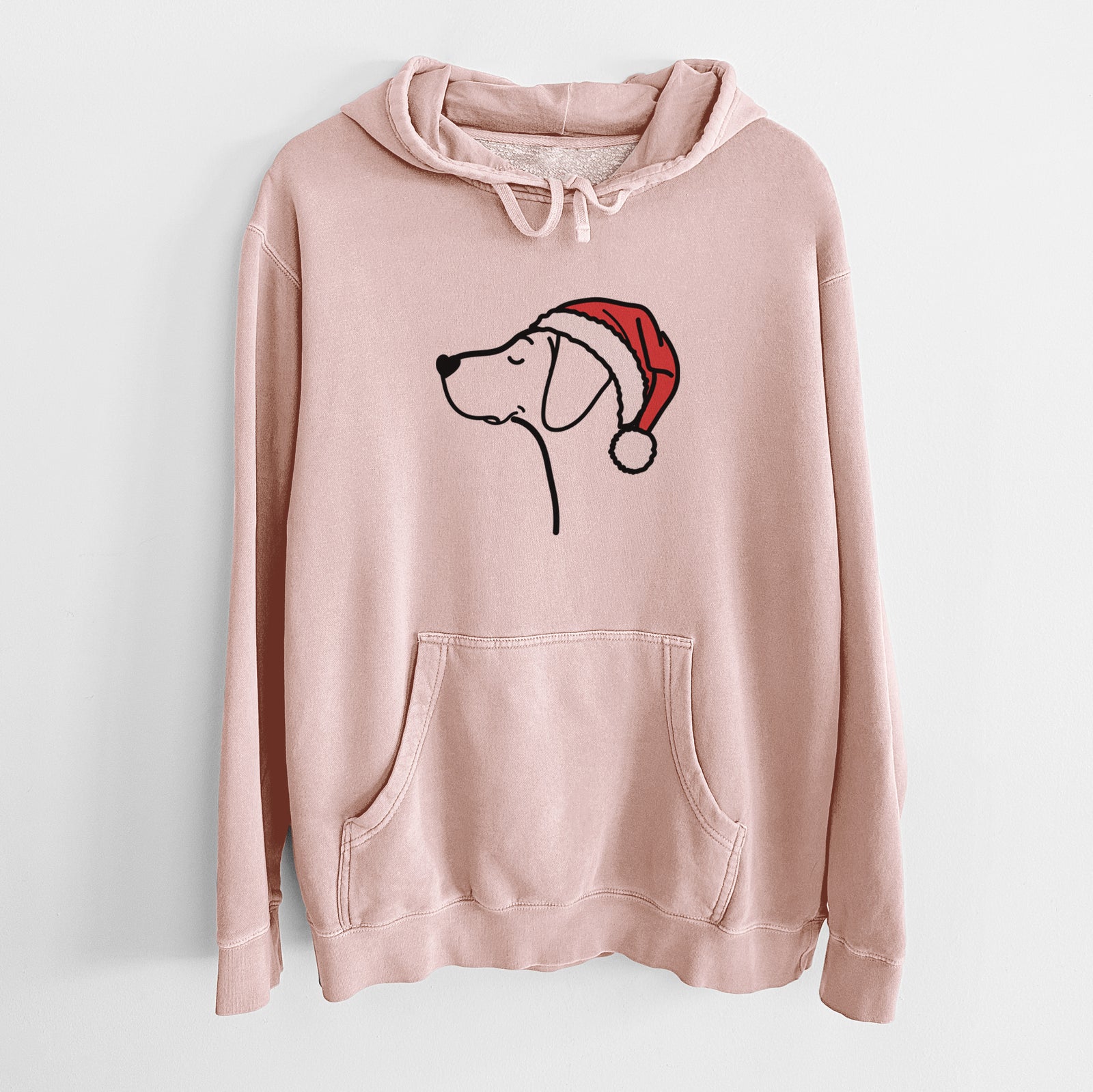 Minimalist line drawing of a German Shorthaired Pointer wearing a Santa hat on a Dusty Pink Unisex pigment dyed hoodie